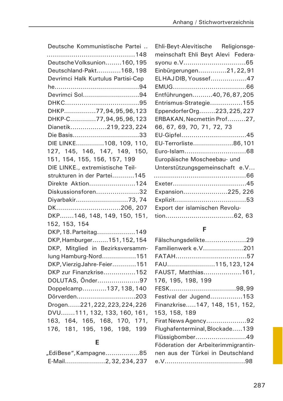 Anhang / Stichwortverzeichnis Deutsche Kommunistische Partei .. Ehli-Beyt-Alevitische Religionsge...........................................148 meinschaft Ehli Beyt Alevi FederaDeutsche Volksunion........160, 195 syonu e.V...............................65 Deutschland-Pakt............168, 198 Einbürgerungen..............21, 22, 91 Devrimci Halk Kurtulus Partisi-Cep EL HAJ DIB, Youssef..................47 he..........................................94 EMUG....................................66 Devrimci Sol............................94 Entführungen..........40, 76, 87, 205 DHKC....................................95 Entrismus-Strategie................155 DHKP................77, 94, 95, 96, 123 Eppendorfer Org........223, 225, 227 DHKP-C.............77, 94, 95, 96, 123 ERBAKAN, Necmettin Prof.........27, Dianetik..................219, 223, 224 66, 67, 69, 70, 71, 72, 73 Die Basis.................................33 EU-Gipfel................................45 DIE LINKE..............108, 109, 110, EU-Terrorliste....................86, 101 127, 145, 146, 147, 149, 150, Euro-Islam..............................68 151, 154, 155, 156, 157, 199 Europäische Moscheebauund DIE LINKE., extremistische TeilUnterstützungsgemeinschaft e.V... strukturen in der Partei...........145 .............................................66 Direkte Aktion.......................124 Exeter....................................45 Diskussionsforen.....................32 Expansion......................225, 226 Diyarbakir..........................73, 74 Explizit...................................53 DK................................206, 207 Export der islamischen RevoluDKP.......146, 148, 149, 150, 151, tion..................................62, 63 152, 153, 154 DKP, 18. Parteitag...................149 F DKP, Hamburger........151, 152, 154 Fälschungsdelikte....................29 DKP, Mitglied in BezirksversammFamilienwerk e.V....................201 lung Hamburg-Nord.................151 FATAH...................................57 DKP, VierzigJahreFeier............151 FAU........................115, 123, 124 DKP zur Finanzkrise................152 FAUST, Matthias...................161, DOLUTAS, Önder.....................97 176, 195, 198, 199 Doppelcamp............137, 138, 140 FESK.................................98, 99 Dörverden.............................203 Festival der Jugend................153 Drogen......221, 222, 223, 224, 226 Finanzkrise.....147, 148, 151, 152, DVU.......111, 132, 133, 160, 161, 153, 158, 189 163, 164, 165, 168, 170, 171, Firat News Agency....................92 176, 181, 195, 196, 198, 199 Flughafenterminal, Blockade.....139 Flüssigbomber.........................49 E Föderation der Arbeiterimmigrantin"Edi Bese", Kampagne.................85 nen aus der Türkei in Deutschland E-Mail....................2, 32, 234, 237 e.V........................................98 287