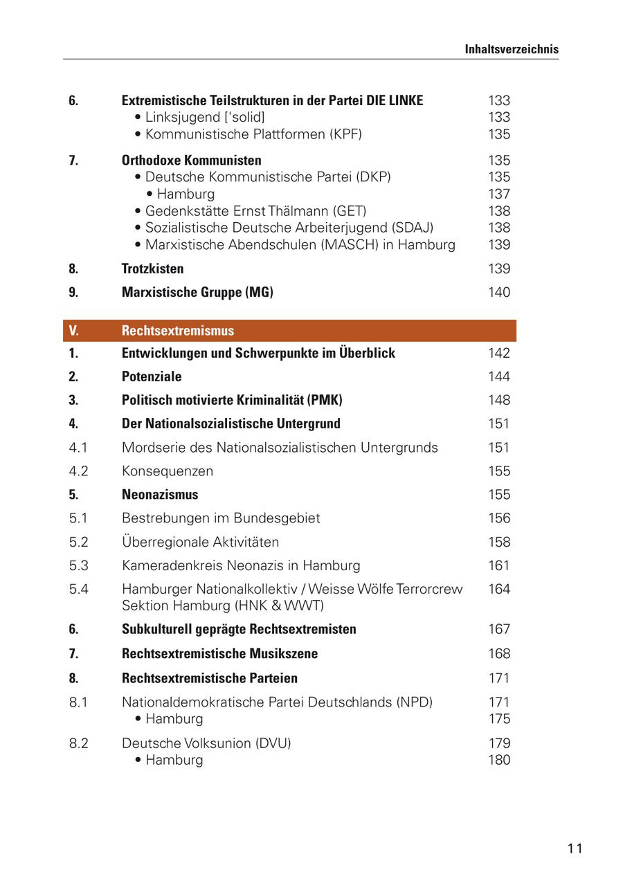 Inhaltsverzeichnis 6. Extremistische Teilstrukturen in der Partei DIE LINKE 133 * Linksjugend ['solid] 133 * Kommunistische Plattformen (KPF) 135 7. Orthodoxe Kommunisten 135 * Deutsche Kommunistische Partei (DKP) 135 * Hamburg 137 * Gedenkstätte Ernst Thälmann (GET) 138 * Sozialistische Deutsche Arbeiterjugend (SDAJ) 138 * Marxistische Abendschulen (MASCH) in Hamburg 139 8. Trotzkisten 139 9. Marxistische Gruppe (MG) 140 V. Rechtsextremismus 1. Entwicklungen und Schwerpunkte im Überblick 142 2. Potenziale 144 3. Politisch motivierte Kriminalität (PMK) 148 4. Der Nationalsozialistische Untergrund 151 4.1 Mordserie des Nationalsozialistischen Untergrunds 151 4.2 Konsequenzen 155 5. Neonazismus 155 5.1 Bestrebungen im Bundesgebiet 156 5.2 Überregionale Aktivitäten 158 5.3 Kameradenkreis Neonazis in Hamburg 161 5.4 Hamburger Nationalkollektiv / Weisse Wölfe Terrorcrew 164 Sektion Hamburg (HNK & WWT) 6. Subkulturell geprägte Rechtsextremisten 167 7. Rechtsextremistische Musikszene 168 8. Rechtsextremistische Parteien 171 8.1 Nationaldemokratische Partei Deutschlands (NPD) 171 * Hamburg 175 8.2 Deutsche Volksunion (DVU) 179 * Hamburg 180 11