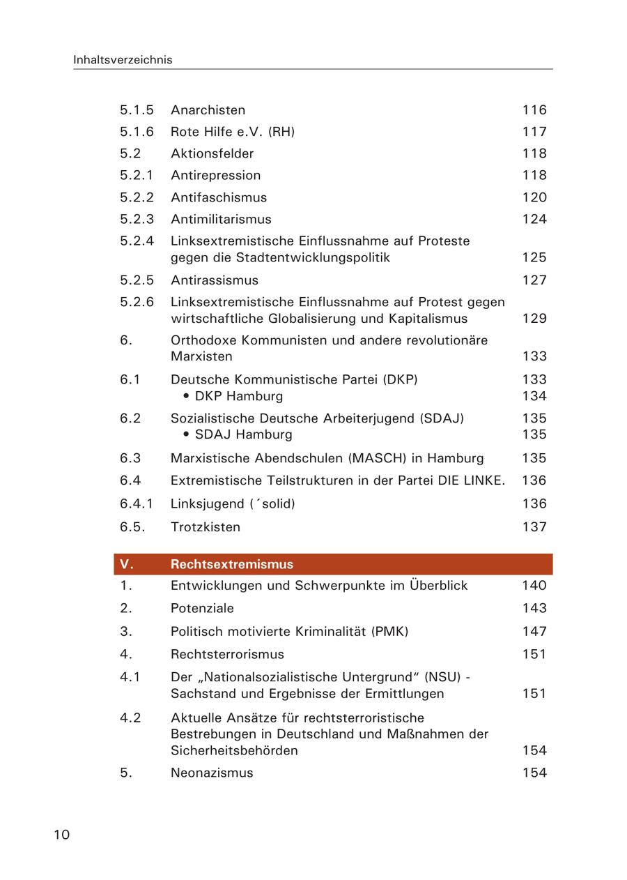 Inhaltsverzeichnis 5.1.5 Anarchisten 116 5.1.6 Rote Hilfe e.V. (RH) 117 5.2 Aktionsfelder 118 5.2.1 Antirepression 118 5.2.2 Antifaschismus 120 5.2.3 Antimilitarismus 124 5.2.4 Linksextremistische Einflussnahme auf Proteste gegen die Stadtentwicklungspolitik 125 5.2.5 Antirassismus 127 5.2.6 Linksextremistische Einflussnahme auf Protest gegen wirtschaftliche Globalisierung und Kapitalismus 129 6. Orthodoxe Kommunisten und andere revolutionäre Marxisten 133 6.1 Deutsche Kommunistische Partei (DKP) 133 * DKP Hamburg 134 6.2 Sozialistische Deutsche Arbeiterjugend (SDAJ) 135 * SDAJ Hamburg 135 6.3 Marxistische Abendschulen (MASCH) in Hamburg 135 6.4 Extremistische Teilstrukturen in der Partei DIE LINKE. 136 6.4.1 Linksjugend ('solid) 136 6.5. Trotzkisten 137 V. Rechtsextremismus 1. Entwicklungen und Schwerpunkte im Überblick 140 2. Potenziale 143 3. Politisch motivierte Kriminalität (PMK) 147 4. Rechtsterrorismus 151 4.1 Der "Nationalsozialistische Untergrund" (NSU) - Sachstand und Ergebnisse der Ermittlungen 151 4.2 Aktuelle Ansätze für rechtsterroristische Bestrebungen in Deutschland und Maßnahmen der Sicherheitsbehörden 154 5. Neonazismus 154 10