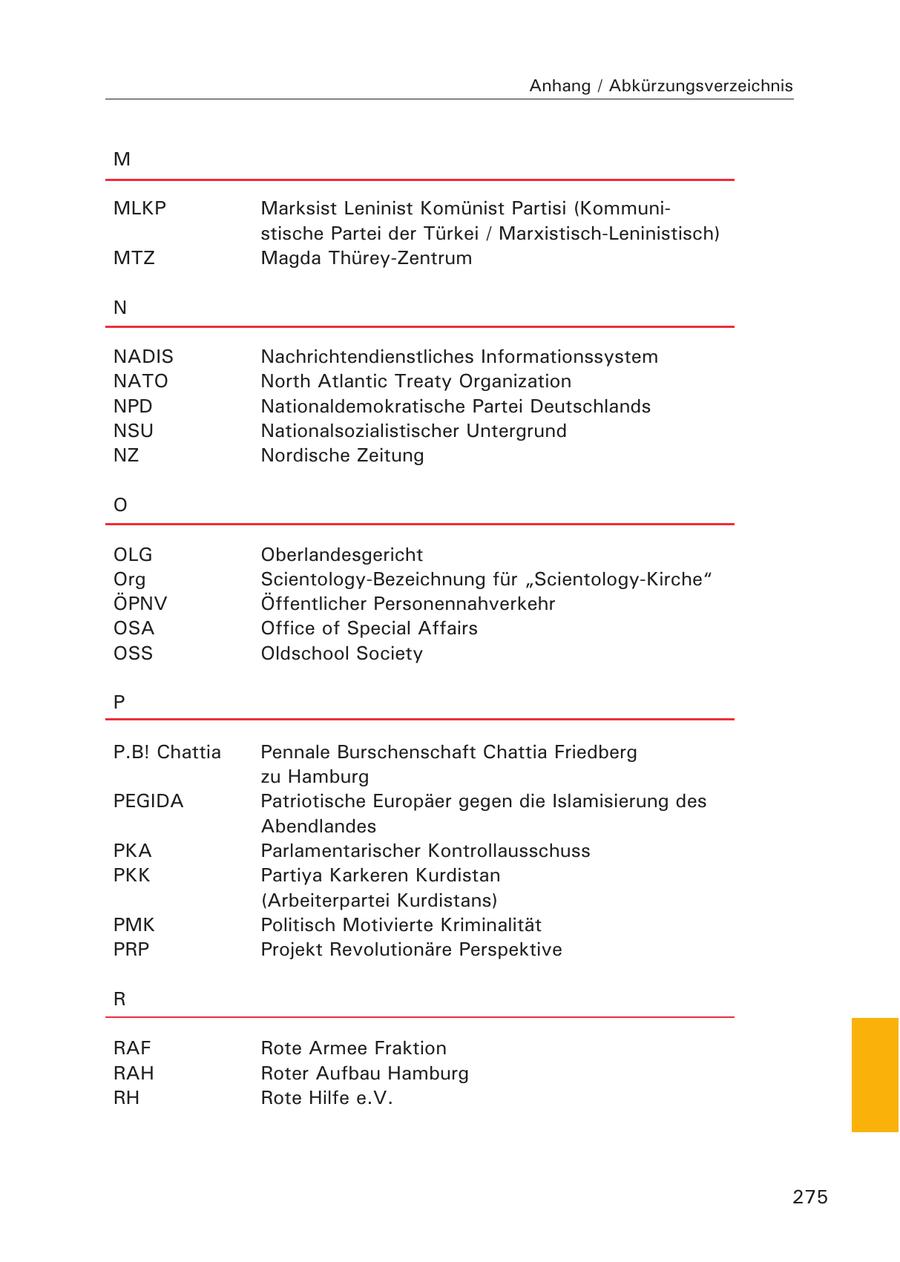 Anhang / Abkürzungsverzeichnis M MLKP Marksist Leninist Komünist Partisi (Kommunistische Partei der Türkei / Marxistisch-Leninistisch) MTZ Magda Thürey-Zentrum N NADIS Nachrichtendienstliches Informationssystem NATO North Atlantic Treaty Organization NPD Nationaldemokratische Partei Deutschlands NSU Nationalsozialistischer Untergrund NZ Nordische Zeitung O OLG Oberlandesgericht Org Scientology-Bezeichnung für "Scientology-Kirche" ÖPNV Öffentlicher Personennahverkehr OSA Office of Special Affairs OSS Oldschool Society P P.B! Chattia Pennale Burschenschaft Chattia Friedberg zu Hamburg PEGIDA Patriotische Europäer gegen die Islamisierung des Abendlandes PKA Parlamentarischer Kontrollausschuss PKK Partiya Karkeren Kurdistan (Arbeiterpartei Kurdistans) PMK Politisch Motivierte Kriminalität PRP Projekt Revolutionäre Perspektive R RAF Rote Armee Fraktion RAH Roter Aufbau Hamburg RH Rote Hilfe e.V. 275
