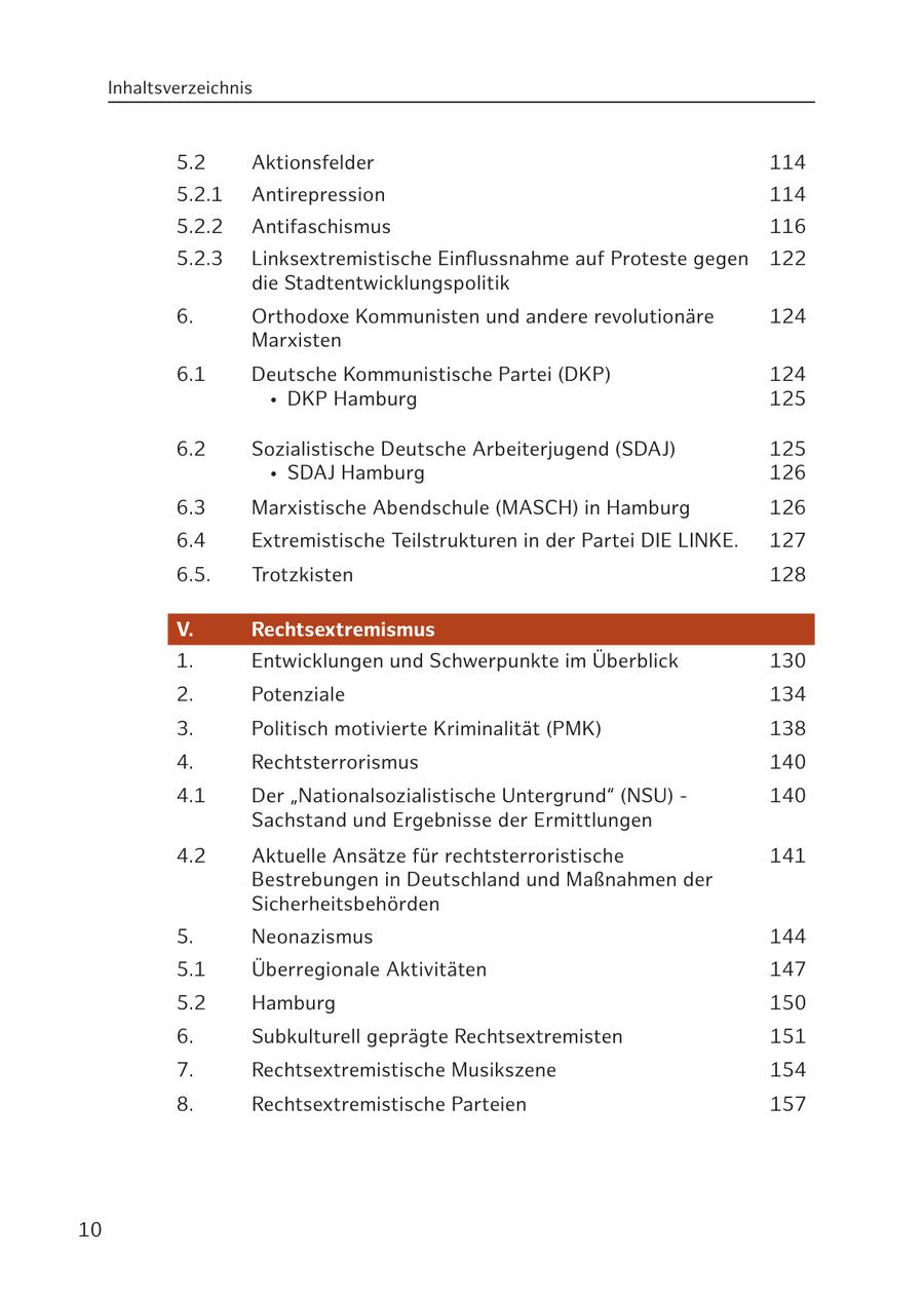 Inhaltsverzeichnis 5.2 Aktionsfelder 114 5.2.1 Antirepression 114 5.2.2 Antifaschismus 116 5.2.3 Linksextremistische Einflussnahme auf Proteste gegen 122 die Stadtentwicklungspolitik 6. Orthodoxe Kommunisten und andere revolutionäre 124 Marxisten 6.1 Deutsche Kommunistische Partei (DKP) 124 * DKP Hamburg 125 6.2 Sozialistische Deutsche Arbeiterjugend (SDAJ) 125 * SDAJ Hamburg 126 6.3 Marxistische Abendschule (MASCH) in Hamburg 126 6.4 Extremistische Teilstrukturen in der Partei DIE LINKE. 127 6.5. Trotzkisten 128 V. Rechtsextremismus 1. Entwicklungen und Schwerpunkte im Überblick 130 2. Potenziale 134 3. Politisch motivierte Kriminalität (PMK) 138 4. Rechtsterrorismus 140 4.1 Der "Nationalsozialistische Untergrund" (NSU) - 140 Sachstand und Ergebnisse der Ermittlungen 4.2 Aktuelle Ansätze für rechtsterroristische 141 Bestrebungen in Deutschland und Maßnahmen der Sicherheitsbehörden 5. Neonazismus 144 5.1 Überregionale Aktivitäten 147 5.2 Hamburg 150 6. Subkulturell geprägte Rechtsextremisten 151 7. Rechtsextremistische Musikszene 154 8. Rechtsextremistische Parteien 157 10