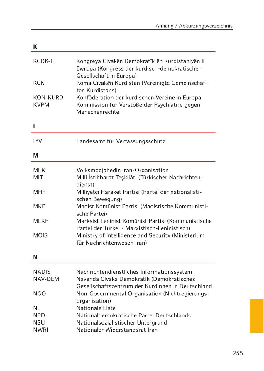 Anhang / Abkürzungsverzeichnis K KCDK-E Kongreya Civaken Demokratik en Kurdistaniyen li Ewropa (Kongress der kurdisch-demokratischen Gesellschaft in Europa) KCK Koma Civaken Kurdistan (Vereinigte Gemeinschaften Kurdistans) KON-KURD Konföderation der kurdischen Vereine in Europa KVPM Kommission für Verstöße der Psychiatrie gegen Menschenrechte L LfV Landesamt für Verfassungsschutz M MEK Volksmodjahedin Iran-Organisation MIT Milli Istihbarat Teskilati (Türkischer Nachrichtendienst) MHP Milliyetci Hareket Partisi (Partei der nationalistischen Bewegung) MKP Maoist Komünist Partisi (Maoistische Kommunistische Partei) MLKP Marksist Leninist Komünist Partisi (Kommunistische Partei der Türkei / Marxistisch-Leninistisch) MOIS Ministry of Intelligence and Security (Ministerium für Nachrichtenwesen Iran) N NADIS Nachrichtendienstliches Informationssystem NAV-DEM Navenda Civaka Demokratik (Demokratisches Gesellschaftszentrum der KurdInnen in Deutschland NGO Non-Governmental Organisation (Nichtregierungsorganisation) NL Nationale Liste NPD Nationaldemokratische Partei Deutschlands NSU Nationalsozialistischer Untergrund NWRI Nationaler Widerstandsrat Iran 255