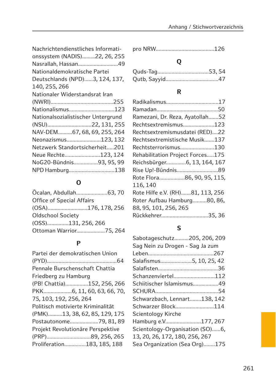 Anhang / Stichwortverzeichnis Nachrichtendienstliches Informatipro NRW.........................................126 onssystem (NADIS).........22, 26, 255 Nasrallah, Hassan............................49 Q Nationaldemokratische Partei Quds-Tag....................................53 , 54 Deutschlands (NPD)......3, 124, 137, Qutb, Sayyid.....................................47 140, 255, 266 Nationaler Widerstandsrat Iran R (NWRI)............................................255 Radikalismus.....................................17 Nationalismus................................123 Ramadan...........................................50 Nationalsozialistischer Untergrund Ramezani, Dr. Reza, Ayatollah.......52 (NSU)...............................22 , 131, 255 Rechtsextremismus......................123 NAV-DEM..........67, 68, 69, 255, 264 Rechtsextremismusdatei (RED)....22 Neonazismus........................123, 132 Rechtsextremistische Musik.......137 Netzwerk Standortsicherheit.....201 Rechtsterrorismus........................130 Neue Rechte.........................123 , 124 Rehabilitation Project Forces.....175 NoG20-Bündnis.................93, 95, 99 Reichsbürger..............6, 13, 164, 167 NPD Hamburg................................138 Rise Up!-Bündnis.............................89 Rote Flora..................86, 90, 95, 115, O 116, 140 Öcalan, Abdullah......................63, 70 Rote Hilfe e.V. (RH).......81, 113, 256 Office of Special Affairs Roter Aufbau Hamburg..........80, 86, (OSA)............................176, 178, 256 88, 95, 101, 256, 265 Oldschool Society Rückkehrer.................................35 , 36 (OSS)...............131, 256, 266 Ottoman Warrior....................75, 264 S Sabotageschutz..........205, 206, 209 P Sag Nein zu Drogen - Sag Ja zum Partei der demokratischen Union Leben..............................................267 (PYD).................................................64 Salafismus......................5, 10, 25, 42 Pennale Burschenschaft Chattia Salafisten..........................................36 Friedberg zu Hamburg Schanzenviertel.............................112 (PB! Chattia)................152, 256, 266 Schiitischer Islamismus..................49 PKK....................6, 11, 60, 63, 66, 70, SCHURA............................................54 75, 103, 192, 256, 264 Schwarzbach, Lennart........138, 142 Politisch motivierte Kriminalität Schwarzer Block...........................114 (PMK)..........13, 38, 62, 85, 129, 175 Scientology Kirche Postautonome....................79, 81, 89 Hamburg e.V.........................177, 267 Projekt Revolutionäre Perspektive Scientology-Organisation (SO)......6, (PRP)...............................89 , 256, 265 13, 20, 26, 172, 180, 256, 267 Proliferation...............183, 185, 188 Sea Organization (Sea Org)........175 261