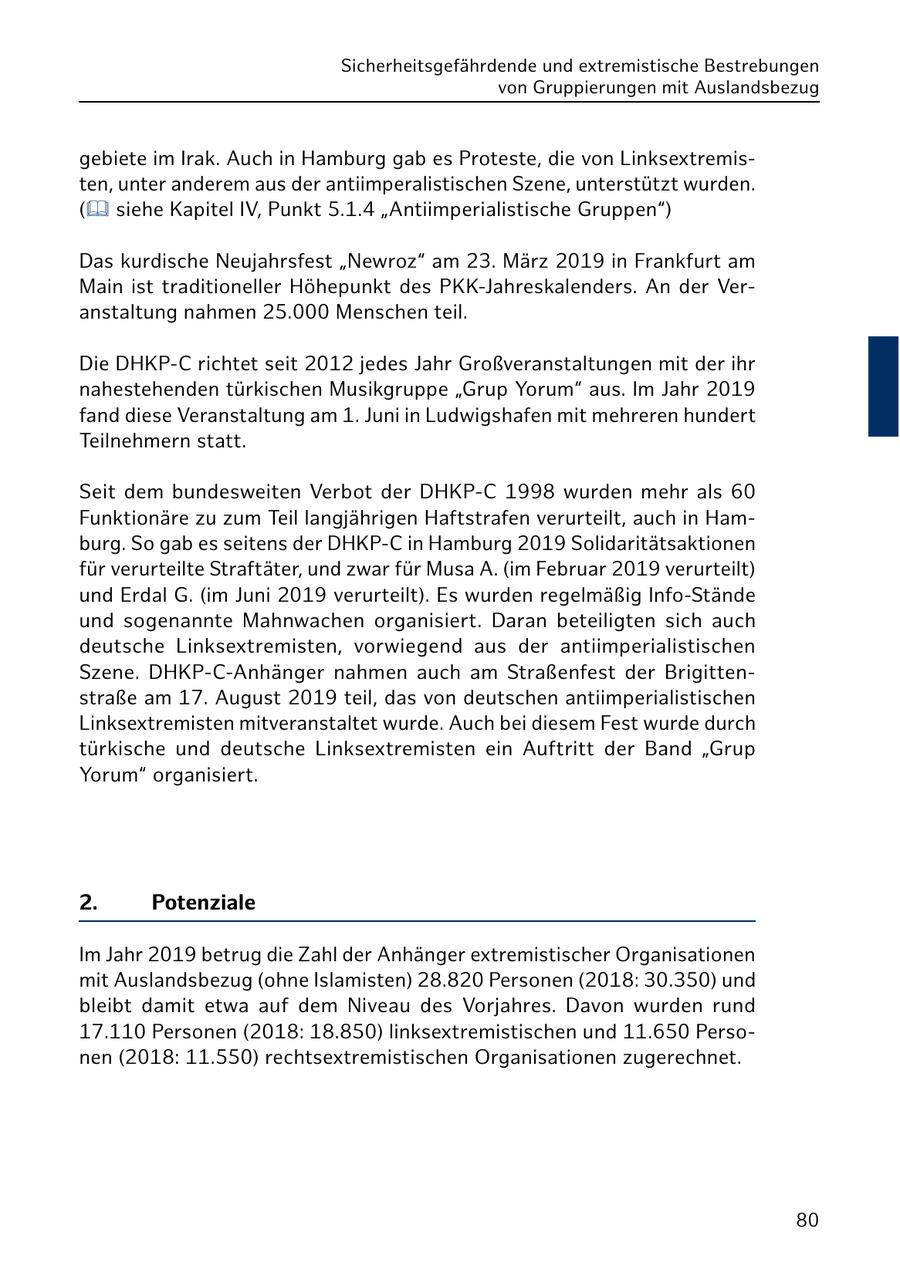 Sicherheitsgefährdende und extremistische Bestrebungen von Gruppierungen mit Auslandsbezug gebiete im Irak. Auch in Hamburg gab es Proteste, die von Linksextremisten, unter anderem aus der antiimperalistischen Szene, unterstützt wurden. ( siehe Kapitel IV, Punkt 5.1.4 "Antiimperialistische Gruppen") Das kurdische Neujahrsfest "Newroz" am 23. März 2019 in Frankfurt am Main ist traditioneller Höhepunkt des PKK-Jahreskalenders. An der Veranstaltung nahmen 25.000 Menschen teil. Die DHKP-C richtet seit 2012 jedes Jahr Großveranstaltungen mit der ihr nahestehenden türkischen Musikgruppe "Grup Yorum" aus. Im Jahr 2019 fand diese Veranstaltung am 1. Juni in Ludwigshafen mit mehreren hundert Teilnehmern statt. Seit dem bundesweiten Verbot der DHKP-C 1998 wurden mehr als 60 Funktionäre zu zum Teil langjährigen Haftstrafen verurteilt, auch in Hamburg. So gab es seitens der DHKP-C in Hamburg 2019 Solidaritätsaktionen für verurteilte Straftäter, und zwar für Musa A. (im Februar 2019 verurteilt) und Erdal G. (im Juni 2019 verurteilt). Es wurden regelmäßig Info-Stände und sogenannte Mahnwachen organisiert. Daran beteiligten sich auch deutsche Linksextremisten, vorwiegend aus der antiimperialistischen Szene. DHKP-C-Anhänger nahmen auch am Straßenfest der Brigittenstraße am 17. August 2019 teil, das von deutschen antiimperialistischen Linksextremisten mitveranstaltet wurde. Auch bei diesem Fest wurde durch türkische und deutsche Linksextremisten ein Auftritt der Band "Grup Yorum" organisiert. 2. Potenziale Im Jahr 2019 betrug die Zahl der Anhänger extremistischer Organisationen mit Auslandsbezug (ohne Islamisten) 28.820 Personen (2018: 30.350) und bleibt damit etwa auf dem Niveau des Vorjahres. Davon wurden rund 17.110 Personen (2018: 18.850) linksextremistischen und 11.650 Personen (2018: 11.550) rechtsextremistischen Organisationen zugerechnet. 80