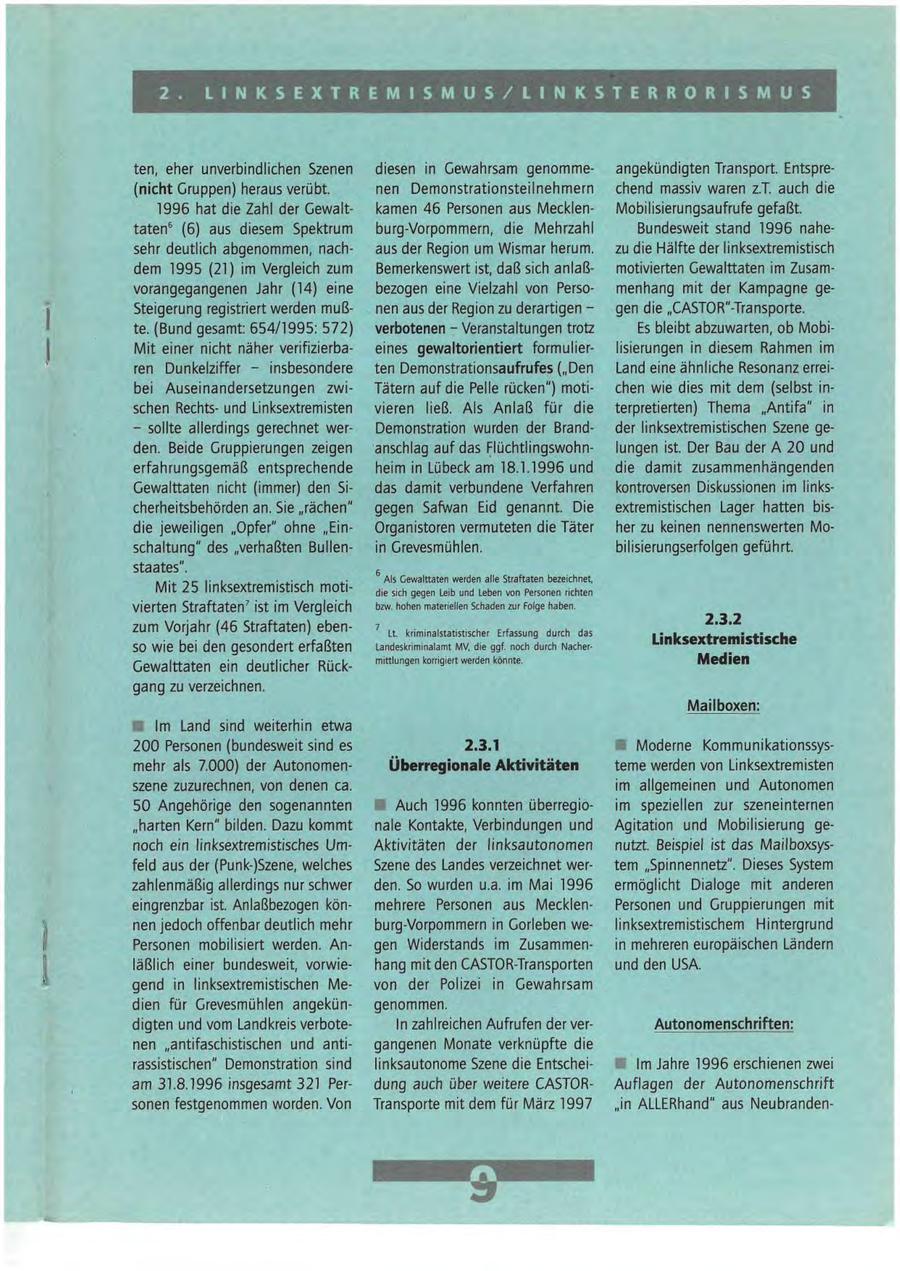 2. L I N K S E X T R E M I S M U S / L I N K S T E R R O R I S M U S ten, eher unverbindlichen Szenen diesen in Gewahrsam genommeangekündigten Transport. Entspre(nicht Gruppen) heraus verübt. nen Demonstrationsteilnehmern chend massiv waren z.T. auch die 1996 hat die Zahl der Gewaltkamen 46 Personen aus MecklenMobilisierungsaufrufe gefaßt. taten6 (6) aus diesem Spektrum burg-Vorpommern, die Mehrzahl Bundesweit stand 1996 nahesehr deutlich abgenommen, nachaus der Region um Wismar herum. zu die Hälfte der linksextremistisch dem 1995 (21) im Vergleich zum Bemerkenswert ist, daß sich anlaßmotivierten Gewalttaten im Zusamvorangegangenen Jahr (14) eine bezogen eine Vielzahl von Persomenhang mit der Kampagne geSteigerung registriert werden mußnen aus der Region zu derartigen - gen die "CASTOR"-Transporte. te. (Bund gesamt: 654/1995: 572) verbotenen - Veranstaltungen trotz Es bleibt abzuwarten, ob MobiMit einer nicht näher verifizierbaeines gewaltorientiert formulierlisierungen in diesem Rahmen im ren Dunkelziffer - insbesondere ten Demonstrationsaufrufes ("Den Land eine ähnliche Resonanz erreibei Auseinandersetzungen zwiTätern auf die Pelle rücken") motichen wie dies mit dem (selbst inschen Rechtsund Linksextremisten vieren ließ. Als Anlaß für die terpretierten) Thema "Antifa" in - sollte allerdings gerechnet werDemonstration wurden der Brandder linksextremistischen Szene geden. Beide Gruppierungen zeigen anschlag auf das Flüchtlingswohnlungen ist. Der Bau der A 20 und erfahrungsgemäß entsprechende heim in Lübeck am 18.1.1996 und die damit zusammenhängenden Gewalttaten nicht (immer) den Sidas damit verbundene Verfahren kontroversen Diskussionen im linkscherheitsbehörden an. Sie "rächen" gegen Safwan Eid genannt. Die extremistischen Lager hatten bisdie jeweiligen "Opfer" ohne "EinOrganistoren vermuteten die Täter her zu keinen nennenswerten Moschaltung" des "verhaßten Bullenin Grevesmühlen. bilisierungserfolgen geführt. staates". Als Gewalttaten werden alle Straftaten bezeichnet, Mit 25 linksextremistisch motidie sich gegen Leib und Leben von Personen richten vierten Straftaten7 ist im Vergleich bzw. hohen materiellen Schaden zur Folge haben. zum Vorjahr (46 Straftaten) eben2.3.2 Lt. kriminalstatistischer Erfassung durch das so wie bei den gesondert erfaßten Landeskriminalamt MV, die ggf. noch durch NacherLinksextremistische Gewalttaten ein deutlicher Rückmittlungen korrigiert werden könnte. Medien gang zu verzeichnen. Mailboxen: Im Land sind weiterhin etwa 200 Personen (bundesweit sind es 2.3.T Moderne Kommunikationssysmehr als 7.000) der AutonomenÜberregionale Aktivitäten teme werden von Linksextremisten szene zuzurechnen, von denen ca. im allgemeinen und Autonomen 50 Angehörige den sogenannten S Auch 1996 konnten überregioim speziellen zur szeneinternen "harten Kern" bilden. Dazu kommt nale Kontakte, Verbindungen und Agitation und Mobilisierung genoch ein linksextremistisches UmAktivitäten der linksautonomen nutzt. Beispiel ist das Mailboxsysfeld aus der (Punk-)Szene, welches Szene des Landes verzeichnet wertem "Spinnennetz". Dieses System zahlenmäßig allerdings nur schwer den. So wurden u.a. im Mai 1996 ermöglicht Dialoge mit anderen eingrenzbar ist. Anlaßbezogen könmehrere Personen aus MecklenPersonen und Gruppierungen mit nen jedoch offenbar deutlich mehr burg-Vorpommern in Gorleben welinksextremistischem Hintergrund Personen mobilisiert werden. Angen Widerstands im Zusammenin mehreren europäischen Ländern läßlich einer bundesweit, vorwiehang mit den CASTOR-Transporten und den USA. gend in linksextremistischen Mevon der Polizei in Gewahrsam dien für Grevesmühlen angeküngenommen. digten und vom Landkreis verboteIn zahlreichen Aufrufen der verAutonomenschriften: nen "antifaschistischen und antigangenen Monate verknüpfte die rassistischen" Demonstration sind linksautonome Szene die EntscheiIm Jahre 1996 erschienen zwei am 31.8.1996 insgesamt 321 Perdung auch über weitere CASTORAuflagen der Autonomenschrift sonen festgenommen worden. Von Transporte mit dem für März 1997 "in ALLERhand" aus Neubranden- 9