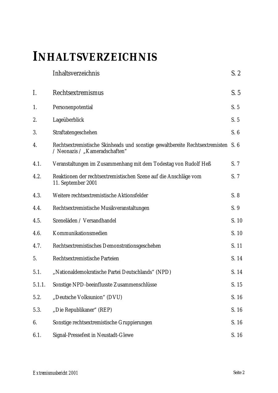 INHALTSVERZEICHNIS Inhaltsverzeichnis S. 2 I. Rechtsextremismus S. 5 1. Personenpotential S. 5 2. Lageüberblick S. 5 3. Straftatengeschehen S. 6 4. Rechtsextremistische Skinheads und sonstige gewaltbereite Rechtsextremisten S. 6 / Neonazis / "Kameradschaften" 4.1. Veranstaltungen im Zusammenhang mit dem Todestag von Rudolf Heß S. 7 4.2. Reaktionen der rechtsextremistischen Szene auf die Anschläge vom S. 7 11. September 2001 4.3. Weitere rechtsextremistische Aktionsfelder S. 8 4.4. Rechtsextremistische Musikveranstaltungen S. 9 4.5. Szeneläden / Versandhandel S. 10 4.6. Kommunikationsmedien S. 10 4.7. Rechtsextremistisches Demonstrationsgeschehen S. 11 5. Rechtsextremistische Parteien S. 14 5.1. "Nationaldemokratische Partei Deutschlands" (NPD) S. 14 5.1.1. Sonstige NPD-beeinflusste Zusammenschlüsse S. 15 5.2. "Deutsche Volksunion" (DVU) S. 16 5.3. "Die Republikaner" (REP) S. 16 6. Sonstige rechtsextremistische Gruppierungen S. 16 6.1. Signal-Pressefest in Neustadt-Glewe S. 16 Extremismusbericht 2001 Seite 2