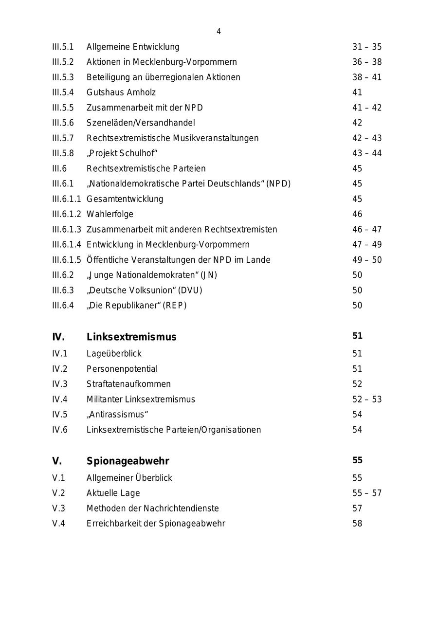 4 III.5.1 Allgemeine Entwicklung 31 - 35 III.5.2 Aktionen in Mecklenburg-Vorpommern 36 - 38 III.5.3 Beteiligung an überregionalen Aktionen 38 - 41 III.5.4 Gutshaus Amholz 41 III.5.5 Zusammenarbeit mit der NPD 41 - 42 III.5.6 Szeneläden/Versandhandel 42 III.5.7 Rechtsextremistische Musikveranstaltungen 42 - 43 III.5.8 "Projekt Schulhof" 43 - 44 III.6 Rechtsextremistische Parteien 45 III.6.1 "Nationaldemokratische Partei Deutschlands" (NPD) 45 III.6.1.1 Gesamtentwicklung 45 III.6.1.2 Wahlerfolge 46 III.6.1.3 Zusammenarbeit mit anderen Rechtsextremisten 46 - 47 III.6.1.4 Entwicklung in Mecklenburg-Vorpommern 47 - 49 III.6.1.5 Öffentliche Veranstaltungen der NPD im Lande 49 - 50 III.6.2 "Junge Nationaldemokraten" (JN) 50 III.6.3 "Deutsche Volksunion" (DVU) 50 III.6.4 "Die Republikaner" (REP) 50 IV. Linksextremismus 51 IV.1 Lageüberblick 51 IV.2 Personenpotential 51 IV.3 Straftatenaufkommen 52 IV.4 Militanter Linksextremismus 52 - 53 IV.5 "Antirassismus" 54 IV.6 Linksextremistische Parteien/Organisationen 54 V. Spionageabwehr 55 V.1 Allgemeiner Überblick 55 V.2 Aktuelle Lage 55 - 57 V.3 Methoden der Nachrichtendienste 57 V.4 Erreichbarkeit der Spionageabwehr 58