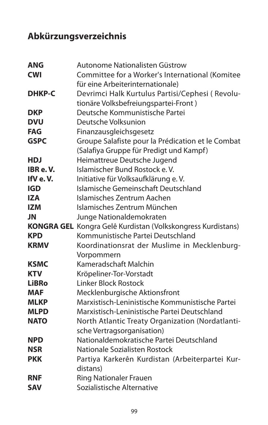 Abkürzungsverzeichnis ANG Autonome Nationalisten Güstrow CWI Committee for a Worker's International (Komitee für eine Arbeiterinternationale) DHKP-C Devrimci Halk Kurtulus Partisi/Cephesi ( Revolutionäre Volksbefreiungspartei-Front ) DKP Deutsche Kommunistische Partei DVU Deutsche Volksunion FAG Finanzausgleichsgesetz GSPC Groupe Salafiste pour la Predication et le Combat (Salafiya Gruppe für Predigt und Kampf ) HDJ Heimattreue Deutsche Jugend IBR e. V. Islamischer Bund Rostock e. V. IfV e. V. Initiative für Volksaufklärung e. V. IGD Islamische Gemeinschaft Deutschland IZA Islamisches Zentrum Aachen IZM Islamisches Zentrum München JN Junge Nationaldemokraten KONGRA GEL Kongra Gele Kurdistan (Volkskongress Kurdistans) KPD Kommunistische Partei Deutschland KRMV Koordinationsrat der Muslime in MecklenburgVorpommern KSMC Kameradschaft Malchin KTV Kröpeliner-Tor-Vorstadt LiBRo Linker Block Rostock MAF Mecklenburgische Aktionsfront MLKP Marxistisch-Leninistische Kommunistische Partei MLPD Marxistisch-Leninistische Partei Deutschland NATO North Atlantic Treaty Organization (Nordatlantische Vertragsorganisation) NPD Nationaldemokratische Partei Deutschland NSR Nationale Sozialisten Rostock PKK Partiya Karkeren Kurdistan (Arbeiterpartei Kurdistans) RNF Ring Nationaler Frauen SAV Sozialistische Alternative 99