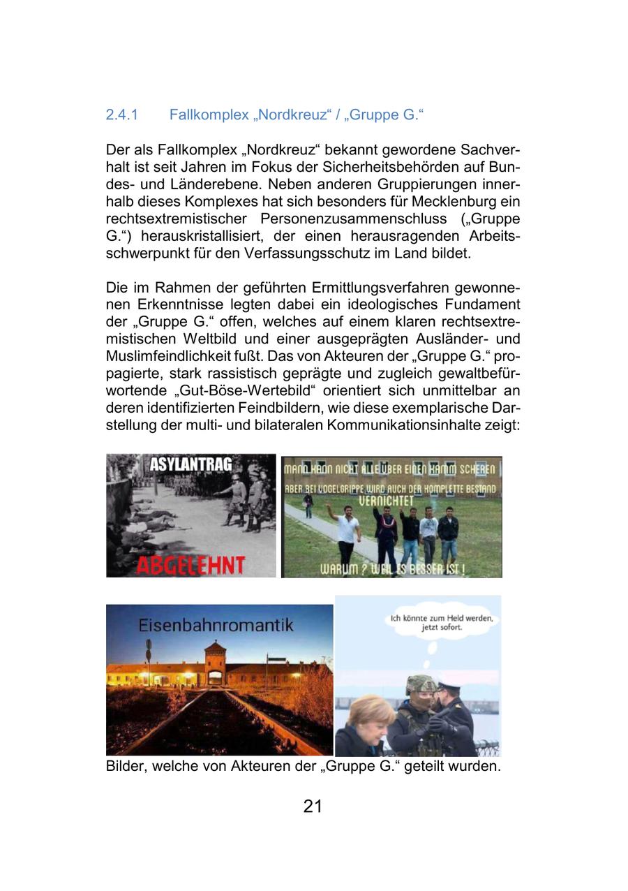 2.4.1 Fallkomplex "Nordkreuz" / "Gruppe G." Der als Fallkomplex "Nordkreuz" bekannt gewordene Sachverhalt ist seit Jahren im Fokus der Sicherheitsbehörden auf Bundesund Länderebene. Neben anderen Gruppierungen innerhalb dieses Komplexes hat sich besonders für Mecklenburg ein rechtsextremistischer Personenzusammenschluss ("Gruppe G.") herauskristallisiert, der einen herausragenden Arbeitsschwerpunkt für den Verfassungsschutz im Land bildet. Die im Rahmen der geführten Ermittlungsverfahren gewonnenen Erkenntnisse legten dabei ein ideologisches Fundament der "Gruppe G." offen, welches auf einem klaren rechtsextremistischen Weltbild und einer ausgeprägten Ausländerund Muslimfeindlichkeit fußt. Das von Akteuren der "Gruppe G." propagierte, stark rassistisch geprägte und zugleich gewaltbefürwortende "Gut-Böse-Wertebild" orientiert sich unmittelbar an deren identifizierten Feindbildern, wie diese exemplarische Darstellung der multiund bilateralen Kommunikationsinhalte zeigt: Bilder, welche von Akteuren der "Gruppe G." geteilt wurden. 21