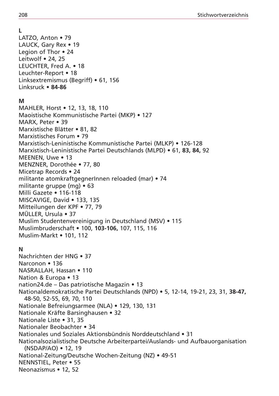 208 Stichwortverzeichnis L LATZO, Anton * 79 LAUCK, Gary Rex * 19 Legion of Thor * 24 Leitwolf * 24, 25 LEUCHTER, Fred A. * 18 Leuchter-Report * 18 Linksextremismus (Begriff) * 61, 156 Linksruck * 84-86 M MAHLER, Horst * 12, 13, 18, 110 Maoistische Kommunistische Partei (MKP) * 127 MARX, Peter * 39 Marxistische Blätter * 81, 82 Marxistisches Forum * 79 Marxistisch-Leninistische Kommunistische Partei (MLKP) * 126-128 Marxistisch-Leninistische Partei Deutschlands (MLPD) * 61, 83, 84, 92 MEENEN, Uwe * 13 MENZNER, Dorothee * 77, 80 Micetrap Records * 24 militante atomkraftgegnerInnen reloaded (mar) * 74 militante gruppe (mg) * 63 Milli Gazete * 116-118 MISCAVIGE, David * 133, 135 Mitteilungen der KPF * 77, 79 MÜLLER, Ursula * 37 Muslim Studentenvereinigung in Deutschland (MSV) * 115 Muslimbruderschaft * 100, 103-106, 107, 115, 116 Muslim-Markt * 101, 112 N Nachrichten der HNG * 37 Narconon * 136 NASRALLAH, Hassan * 110 Nation & Europa * 13 nation24.de - Das patriotische Magazin * 13 Nationaldemokratische Partei Deutschlands (NPD) * 5, 12-14, 19-21, 23, 31, 38-47, 48-50, 52-55, 69, 70, 110 Nationale Befreiungsarmee (NLA) * 129, 130, 131 Nationale Kräfte Barsinghausen * 32 Nationale Liste * 31, 35 Nationaler Beobachter * 34 Nationales und Soziales Aktionsbündnis Norddeutschland * 31 Nationalsozialistische Deutsche Arbeiterpartei/Auslandsund Aufbauorganisation (NSDAP/AO) * 12, 19 National-Zeitung/Deutsche Wochen-Zeitung (NZ) * 49-51 NENNSTIEL, Peter * 55 Neonazismus * 12, 52
