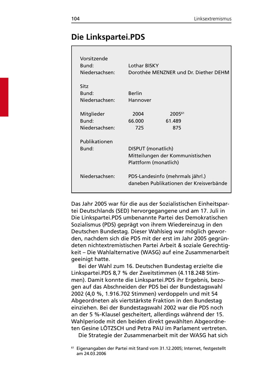 104 Linksextremismus Die Linkspartei.PDS Vorsitzende Bund: Lothar BISKY Niedersachsen: Dorothee MENZNER und Dr. Diether DEHM Sitz Bund: Berlin Niedersachsen: Hannover Mitglieder 2004 200561 Bund: 66.000 61.489 Niedersachsen: 725 875 Publikationen Bund: DISPUT (monatlich) Mitteilungen der Kommunistischen Plattform (monatlich) Niedersachsen: PDS-Landesinfo (mehrmals jährl.) daneben Publikationen der Kreisverbände Das Jahr 2005 war für die aus der Sozialistischen Einheitspartei Deutschlands (SED) hervorgegangene und am 17. Juli in Die Linkspartei.PDS umbenannte Partei des Demokratischen Sozialismus (PDS) geprägt von ihrem Wiedereinzug in den Deutschen Bundestag. Dieser Wahlsieg war möglich geworden, nachdem sich die PDS mit der erst im Jahr 2005 gegründeten nichtextremistischen Partei Arbeit & soziale Gerechtigkeit - Die Wahlalternative (WASG) auf eine Zusammenarbeit geeinigt hatte. Bei der Wahl zum 16. Deutschen Bundestag erzielte die Linkspartei.PDS 8,7 % der Zweitstimmen (4.118.248 Stimmen). Damit konnte die Linkspartei.PDS ihr Ergebnis, bezogen auf das Abschneiden der PDS bei der Bundestagswahl 2002 (4,0 %, 1.916.702 Stimmen) verdoppeln und mit 54 Abgeordneten als viertstärkste Fraktion in den Bundestag einziehen. Bei der Bundestagswahl 2002 war die PDS noch an der 5 %-Klausel gescheitert, allerdings während der 15. Wahlperiode mit den beiden direkt gewählten Abgeordneten Gesine LÖTZSCH und Petra PAU im Parlament vertreten. Die Strategie der Zusammenarbeit mit der WASG hat sich 61 Eigenangaben der Partei mit Stand vom 31.12.2005; Internet, festgestellt am 24.03.2006