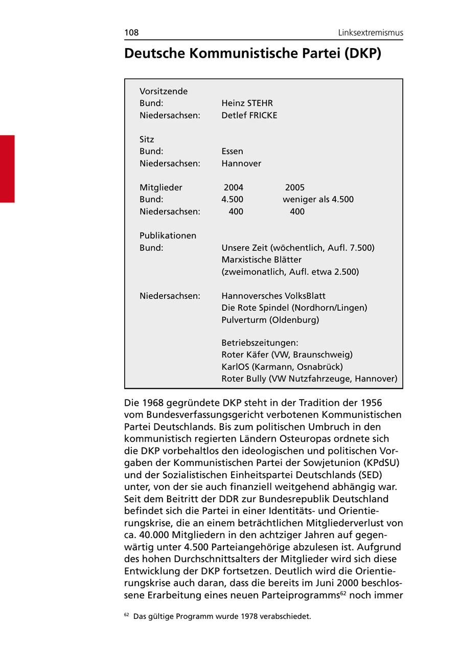 108 Linksextremismus Deutsche Kommunistische Partei (DKP) Vorsitzende Bund: Heinz STEHR Niedersachsen: Detlef FRICKE Sitz Bund: Essen Niedersachsen: Hannover Mitglieder 2004 2005 Bund: 4.500 weniger als 4.500 Niedersachsen: 400 400 Publikationen Bund: Unsere Zeit (wöchentlich, Aufl. 7.500) Marxistische Blätter (zweimonatlich, Aufl. etwa 2.500) Niedersachsen: Hannoversches VolksBlatt Die Rote Spindel (Nordhorn/Lingen) Pulverturm (Oldenburg) Betriebszeitungen: Roter Käfer (VW, Braunschweig) KarlOS (Karmann, Osnabrück) Roter Bully (VW Nutzfahrzeuge, Hannover) Die 1968 gegründete DKP steht in der Tradition der 1956 vom Bundesverfassungsgericht verbotenen Kommunistischen Partei Deutschlands. Bis zum politischen Umbruch in den kommunistisch regierten Ländern Osteuropas ordnete sich die DKP vorbehaltlos den ideologischen und politischen Vorgaben der Kommunistischen Partei der Sowjetunion (KPdSU) und der Sozialistischen Einheitspartei Deutschlands (SED) unter, von der sie auch finanziell weitgehend abhängig war. Seit dem Beitritt der DDR zur Bundesrepublik Deutschland befindet sich die Partei in einer Identitätsund Orientierungskrise, die an einem beträchtlichen Mitgliederverlust von ca. 40.000 Mitgliedern in den achtziger Jahren auf gegenwärtig unter 4.500 Parteiangehörige abzulesen ist. Aufgrund des hohen Durchschnittsalters der Mitglieder wird sich diese Entwicklung der DKP fortsetzen. Deutlich wird die Orientierungskrise auch daran, dass die bereits im Juni 2000 beschlossene Erarbeitung eines neuen Parteiprogramms62 noch immer 62 Das gültige Programm wurde 1978 verabschiedet.