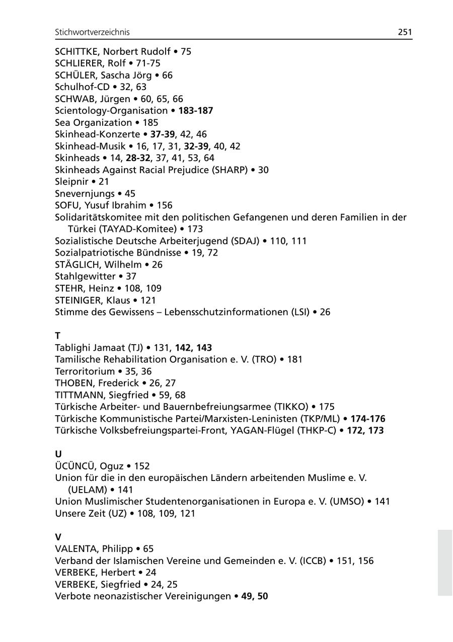Stichwortverzeichnis 251 SCHITTKE, Norbert Rudolf * 75 SCHLIERER, Rolf * 71-75 SCHÜLER, Sascha Jörg * 66 Schulhof-CD * 32, 63 SCHWAB, Jürgen * 60, 65, 66 Scientology-Organisation * 183-187 Sea Organization * 185 Skinhead-Konzerte * 37-39, 42, 46 Skinhead-Musik * 16, 17, 31, 32-39, 40, 42 Skinheads * 14, 28-32, 37, 41, 53, 64 Skinheads Against Racial Prejudice (SHARP) * 30 Sleipnir * 21 Snevernjungs * 45 SOFU, Yusuf Ibrahim * 156 Solidaritätskomitee mit den politischen Gefangenen und deren Familien in der Türkei (TAYAD-Komitee) * 173 Sozialistische Deutsche Arbeiterjugend (SDAJ) * 110, 111 Sozialpatriotische Bündnisse * 19, 72 STÄGLICH, Wilhelm * 26 Stahlgewitter * 37 STEHR, Heinz * 108, 109 STEINIGER, Klaus * 121 Stimme des Gewissens - Lebensschutzinformationen (LSI) * 26 T Tablighi Jamaat (TJ) * 131, 142, 143 Tamilische Rehabilitation Organisation e. V. (TRO) * 181 Terroritorium * 35, 36 THOBEN, Frederick * 26, 27 TITTMANN, Siegfried * 59, 68 Türkische Arbeiterund Bauernbefreiungsarmee (TIKKO) * 175 Türkische Kommunistische Partei/Marxisten-Leninisten (TKP/ML) * 174-176 Türkische Volksbefreiungspartei-Front, YAGAN-Flügel (THKP-C) * 172, 173 U ÜCÜNCÜ, Oguz * 152 Union für die in den europäischen Ländern arbeitenden Muslime e. V. (UELAM) * 141 Union Muslimischer Studentenorganisationen in Europa e. V. (UMSO) * 141 Unsere Zeit (UZ) * 108, 109, 121 V VALENTA, Philipp * 65 Verband der Islamischen Vereine und Gemeinden e. V. (ICCB) * 151, 156 VERBEKE, Herbert * 24 VERBEKE, Siegfried * 24, 25 Verbote neonazistischer Vereinigungen * 49, 50