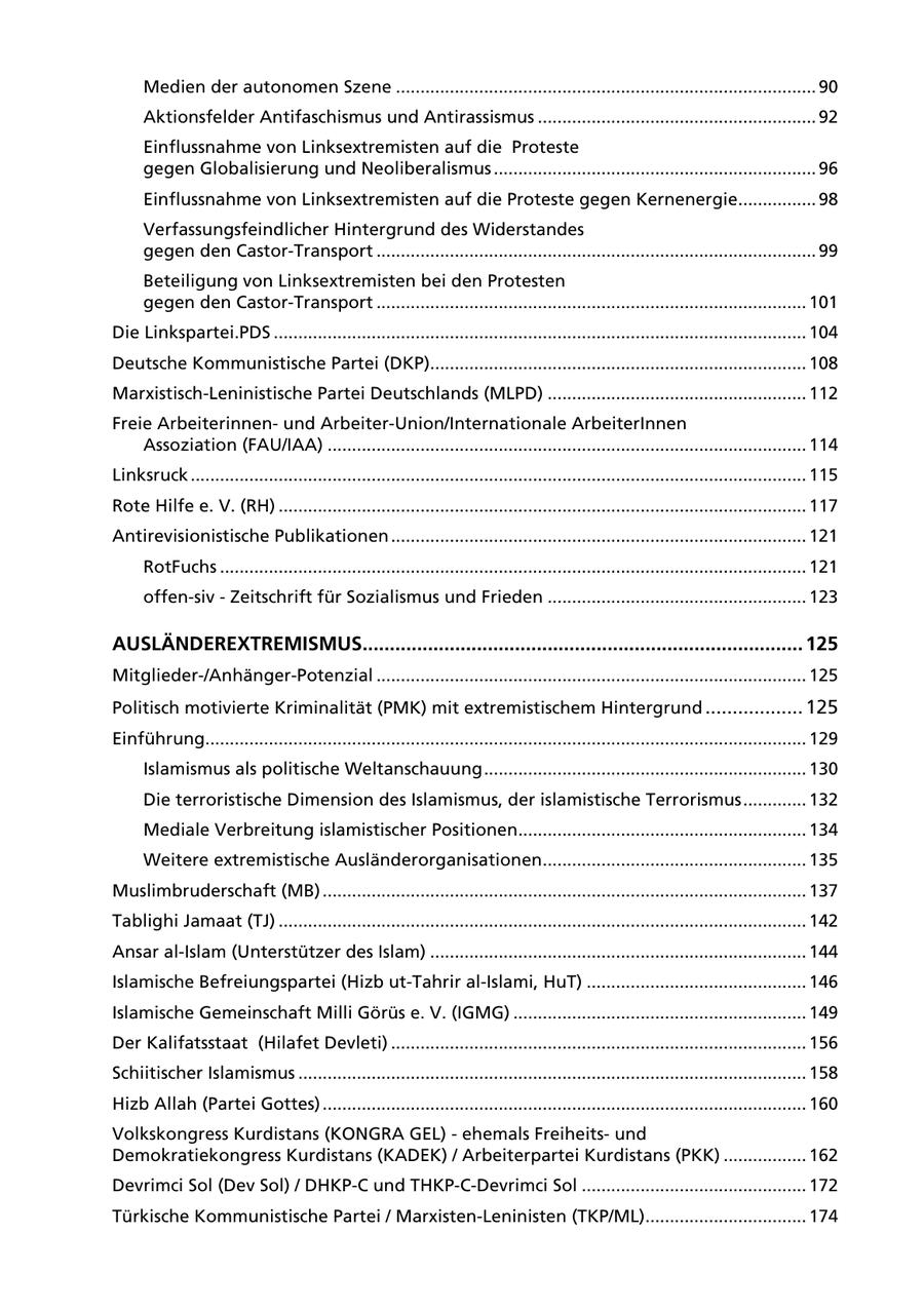 Medien der autonomen Szene ...................................................................................... 90 Aktionsfelder Antifaschismus und Antirassismus ......................................................... 92 Einflussnahme von Linksextremisten auf die Proteste gegen Globalisierung und Neoliberalismus .................................................................. 96 Einflussnahme von Linksextremisten auf die Proteste gegen Kernenergie................ 98 Verfassungsfeindlicher Hintergrund des Widerstandes gegen den Castor-Transport .......................................................................................... 99 Beteiligung von Linksextremisten bei den Protesten gegen den Castor-Transport ........................................................................................ 101 Die Linkspartei.PDS ............................................................................................................. 104 Deutsche Kommunistische Partei (DKP)............................................................................. 108 Marxistisch-Leninistische Partei Deutschlands (MLPD) ..................................................... 112 Freie Arbeiterinnenund Arbeiter-Union/Internationale ArbeiterInnen Assoziation (FAU/IAA) .................................................................................................. 114 Linksruck .............................................................................................................................. 115 Rote Hilfe e. V. (RH) ............................................................................................................ 117 Antirevisionistische Publikationen ..................................................................................... 121 RotFuchs ........................................................................................................................ 121 offen-siv - Zeitschrift für Sozialismus und Frieden ..................................................... 123 AUSLÄNDEREXTREMISMUS................................................................................. 125 Mitglieder-/Anhänger-Potenzial ........................................................................................ 125 Politisch motivierte Kriminalität (PMK) mit extremistischem Hintergrund .................. 125 Einführung........................................................................................................................... 129 Islamismus als politische Weltanschauung .................................................................. 130 Die terroristische Dimension des Islamismus, der islamistische Terrorismus ............. 132 Mediale Verbreitung islamistischer Positionen........................................................... 134 Weitere extremistische Ausländerorganisationen...................................................... 135 Muslimbruderschaft (MB) ................................................................................................... 137 Tablighi Jamaat (TJ) ............................................................................................................ 142 Ansar al-Islam (Unterstützer des Islam) ............................................................................. 144 Islamische Befreiungspartei (Hizb ut-Tahrir al-Islami, HuT) ............................................. 146 Islamische Gemeinschaft Milli Görüs e. V. (IGMG) ............................................................ 149 Der Kalifatsstaat (Hilafet Devleti) ..................................................................................... 156 Schiitischer Islamismus ........................................................................................................ 158 Hizb Allah (Partei Gottes) ................................................................................................... 160 Volkskongress Kurdistans (KONGRA GEL) - ehemals Freiheitsund Demokratiekongress Kurdistans (KADEK) / Arbeiterpartei Kurdistans (PKK) ................. 162 Devrimci Sol (Dev Sol) / DHKP-C und THKP-C-Devrimci Sol .............................................. 172 Türkische Kommunistische Partei / Marxisten-Leninisten (TKP/ML)................................. 174