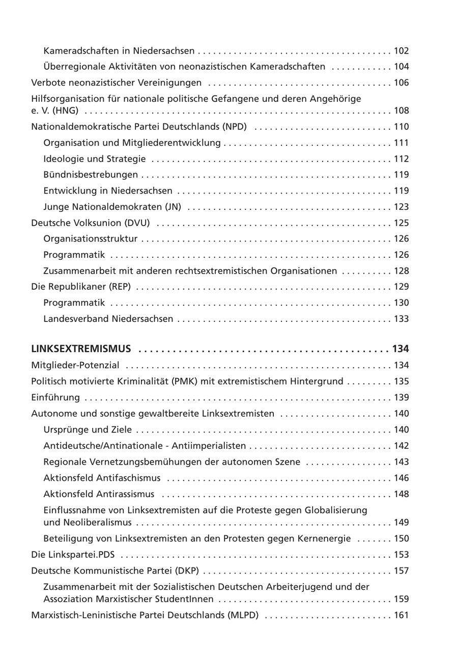 Kameradschaften in Niedersachsen . . . . . . . . . . . . . . . . . . . . . . . . . . . . . . . . . . . . . . 102 Überregionale Aktivitäten von neonazistischen Kameradschaften . . . . . . . . . . . . 104 Verbote neonazistischer Vereinigungen . . . . . . . . . . . . . . . . . . . . . . . . . . . . . . . . . . . . 106 Hilfsorganisation für nationale politische Gefangene und deren Angehörige e. V. (HNG) . . . . . . . . . . . . . . . . . . . . . . . . . . . . . . . . . . . . . . . . . . . . . . . . . . . . . . . . . . . . 108 Nationaldemokratische Partei Deutschlands (NPD) . . . . . . . . . . . . . . . . . . . . . . . . . . . 110 Organisation und Mitgliederentwicklung . . . . . . . . . . . . . . . . . . . . . . . . . . . . . . . . . 111 Ideologie und Strategie . . . . . . . . . . . . . . . . . . . . . . . . . . . . . . . . . . . . . . . . . . . . . . . 112 Bündnisbestrebungen . . . . . . . . . . . . . . . . . . . . . . . . . . . . . . . . . . . . . . . . . . . . . . . . . 119 Entwicklung in Niedersachsen . . . . . . . . . . . . . . . . . . . . . . . . . . . . . . . . . . . . . . . . . . 119 Junge Nationaldemokraten (JN) . . . . . . . . . . . . . . . . . . . . . . . . . . . . . . . . . . . . . . . . 123 Deutsche Volksunion (DVU) . . . . . . . . . . . . . . . . . . . . . . . . . . . . . . . . . . . . . . . . . . . . . . 125 Organisationsstruktur . . . . . . . . . . . . . . . . . . . . . . . . . . . . . . . . . . . . . . . . . . . . . . . . . 126 Programmatik . . . . . . . . . . . . . . . . . . . . . . . . . . . . . . . . . . . . . . . . . . . . . . . . . . . . . . . 126 Zusammenarbeit mit anderen rechtsextremistischen Organisationen . . . . . . . . . . 128 Die Republikaner (REP) . . . . . . . . . . . . . . . . . . . . . . . . . . . . . . . . . . . . . . . . . . . . . . . . . . 129 Programmatik . . . . . . . . . . . . . . . . . . . . . . . . . . . . . . . . . . . . . . . . . . . . . . . . . . . . . . . 130 Landesverband Niedersachsen . . . . . . . . . . . . . . . . . . . . . . . . . . . . . . . . . . . . . . . . . . 133 LINKSEXTREMISMUS . . . . . . . . . . . . . . . . . . . . . . . . . . . . . . . . . . . . . . . . . . . . 134 Mitglieder-Potenzial . . . . . . . . . . . . . . . . . . . . . . . . . . . . . . . . . . . . . . . . . . . . . . . . . . . . 134 Politisch motivierte Kriminalität (PMK) mit extremistischem Hintergrund . . . . . . . . . 135 Einführung . . . . . . . . . . . . . . . . . . . . . . . . . . . . . . . . . . . . . . . . . . . . . . . . . . . . . . . . . . . . 139 Autonome und sonstige gewaltbereite Linksextremisten . . . . . . . . . . . . . . . . . . . . . . 140 Ursprünge und Ziele . . . . . . . . . . . . . . . . . . . . . . . . . . . . . . . . . . . . . . . . . . . . . . . . . . 140 Antideutsche/Antinationale - Antiimperialisten . . . . . . . . . . . . . . . . . . . . . . . . . . . . 142 Regionale Vernetzungsbemühungen der autonomen Szene . . . . . . . . . . . . . . . . . 143 Aktionsfeld Antifaschismus . . . . . . . . . . . . . . . . . . . . . . . . . . . . . . . . . . . . . . . . . . . . 146 Aktionsfeld Antirassismus . . . . . . . . . . . . . . . . . . . . . . . . . . . . . . . . . . . . . . . . . . . . . 148 Einflussnahme von Linksextremisten auf die Proteste gegen Globalisierung und Neoliberalismus . . . . . . . . . . . . . . . . . . . . . . . . . . . . . . . . . . . . . . . . . . . . . . . . . . 149 Beteiligung von Linksextremisten an den Protesten gegen Kernenergie . . . . . . . 150 Die Linkspartei.PDS . . . . . . . . . . . . . . . . . . . . . . . . . . . . . . . . . . . . . . . . . . . . . . . . . . . . . 153 Deutsche Kommunistische Partei (DKP) . . . . . . . . . . . . . . . . . . . . . . . . . . . . . . . . . . . . . 157 Zusammenarbeit mit der Sozialistischen Deutschen Arbeiterjugend und der Assoziation Marxistischer StudentInnen . . . . . . . . . . . . . . . . . . . . . . . . . . . . . . . . . . 159 Marxistisch-Leninistische Partei Deutschlands (MLPD) . . . . . . . . . . . . . . . . . . . . . . . . . 161