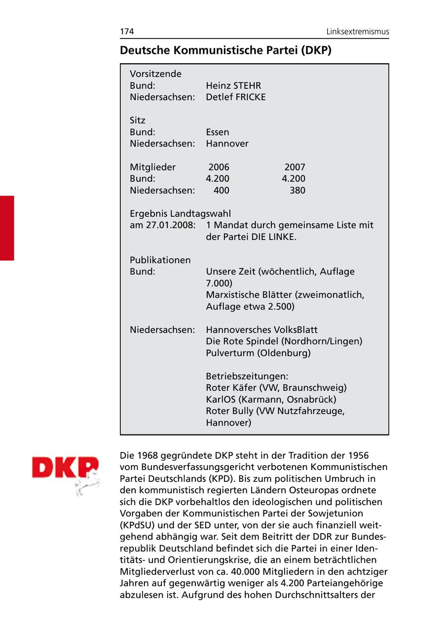 174 Linksextremismus Deutsche Kommunistische Partei (DKP) Vorsitzende Bund: Heinz STEHR Niedersachsen: Detlef FRICKE Sitz Bund: Essen Niedersachsen: Hannover Mitglieder 2006 2007 Bund: 4.200 4.200 Niedersachsen: 400 380 Ergebnis Landtagswahl am 27.01.2008: 1 Mandat durch gemeinsame Liste mit der Partei DIE LINKE. Publikationen Bund: Unsere Zeit (wöchentlich, Auflage 7.000) Marxistische Blätter (zweimonatlich, Auflage etwa 2.500) Niedersachsen: Hannoversches VolksBlatt Die Rote Spindel (Nordhorn/Lingen) Pulverturm (Oldenburg) Betriebszeitungen: Roter Käfer (VW, Braunschweig) KarlOS (Karmann, Osnabrück) Roter Bully (VW Nutzfahrzeuge, Hannover) Die 1968 gegründete DKP steht in der Tradition der 1956 vom Bundesverfassungsgericht verbotenen Kommunistischen Partei Deutschlands (KPD). Bis zum politischen Umbruch in den kommunistisch regierten Ländern Osteuropas ordnete sich die DKP vorbehaltlos den ideologischen und politischen Vorgaben der Kommunistischen Partei der Sowjetunion (KPdSU) und der SED unter, von der sie auch finanziell weitgehend abhängig war. Seit dem Beitritt der DDR zur Bundesrepublik Deutschland befindet sich die Partei in einer Identitätsund Orientierungskrise, die an einem beträchtlichen Mitgliederverlust von ca. 40.000 Mitgliedern in den achtziger Jahren auf gegenwärtig weniger als 4.200 Parteiangehörige abzulesen ist. Aufgrund des hohen Durchschnittsalters der