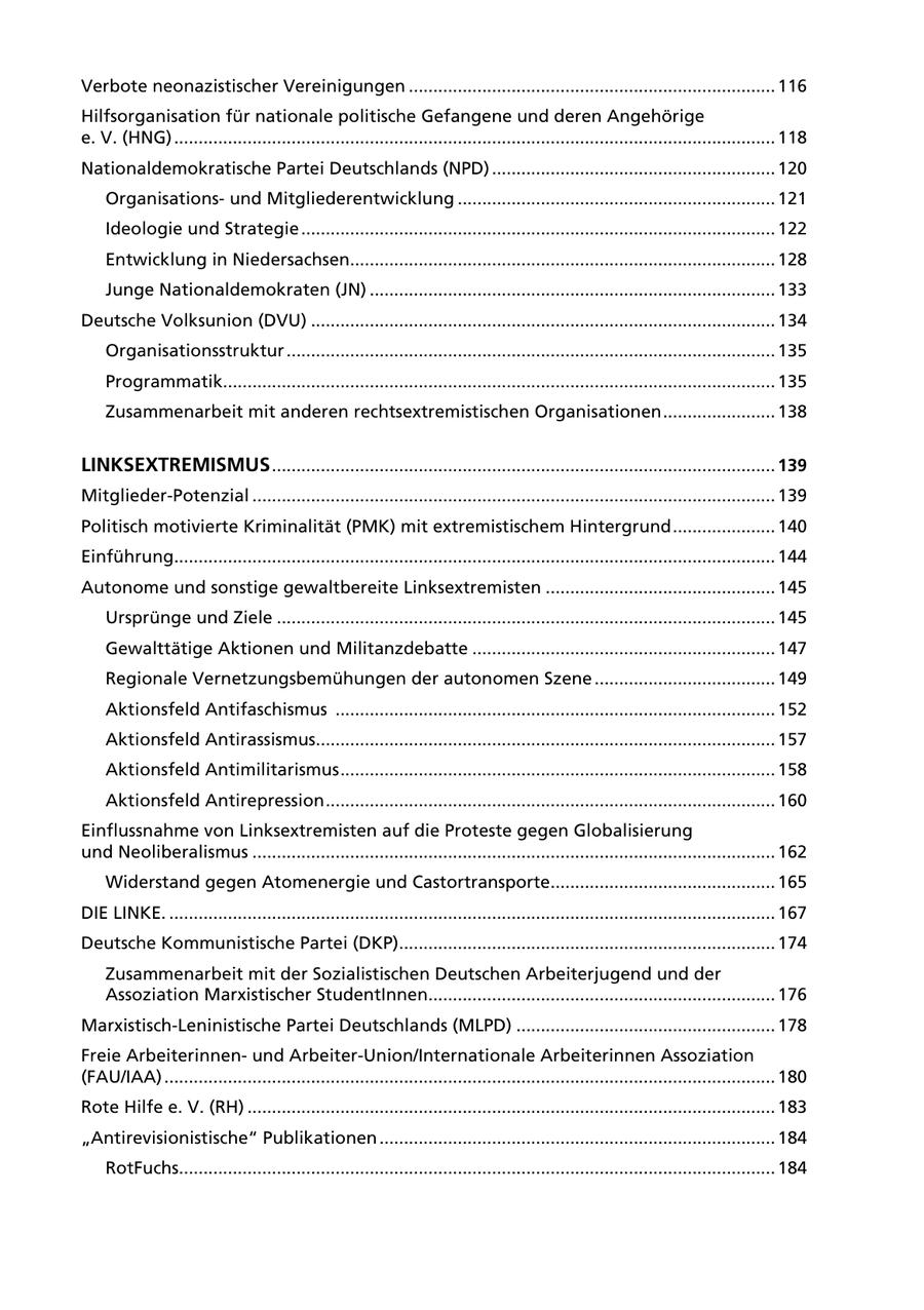 Verbote neonazistischer Vereinigungen ........................................................................... 116 Hilfsorganisation für nationale politische Gefangene und deren Angehörige e. V. (HNG) ........................................................................................................................... 118 Nationaldemokratische Partei Deutschlands (NPD) .......................................................... 120 Organisationsund Mitgliederentwicklung ................................................................. 121 Ideologie und Strategie ................................................................................................. 122 Entwicklung in Niedersachsen....................................................................................... 128 Junge Nationaldemokraten (JN) ................................................................................... 133 Deutsche Volksunion (DVU) ............................................................................................... 134 Organisationsstruktur .................................................................................................... 135 Programmatik................................................................................................................. 135 Zusammenarbeit mit anderen rechtsextremistischen Organisationen ....................... 138 LINKSEXTREMISMUS ....................................................................................................... 139 Mitglieder-Potenzial ........................................................................................................... 139 Politisch motivierte Kriminalität (PMK) mit extremistischem Hintergrund ..................... 140 Einführung........................................................................................................................... 144 Autonome und sonstige gewaltbereite Linksextremisten ............................................... 145 Ursprünge und Ziele ...................................................................................................... 145 Gewalttätige Aktionen und Militanzdebatte .............................................................. 147 Regionale Vernetzungsbemühungen der autonomen Szene ..................................... 149 Aktionsfeld Antifaschismus .......................................................................................... 152 Aktionsfeld Antirassismus.............................................................................................. 157 Aktionsfeld Antimilitarismus ......................................................................................... 158 Aktionsfeld Antirepression ............................................................................................ 160 Einflussnahme von Linksextremisten auf die Proteste gegen Globalisierung und Neoliberalismus ........................................................................................................... 162 Widerstand gegen Atomenergie und Castortransporte.............................................. 165 DIE LINKE. ............................................................................................................................ 167 Deutsche Kommunistische Partei (DKP)............................................................................. 174 Zusammenarbeit mit der Sozialistischen Deutschen Arbeiterjugend und der Assoziation Marxistischer StudentInnen....................................................................... 176 Marxistisch-Leninistische Partei Deutschlands (MLPD) ..................................................... 178 Freie Arbeiterinnenund Arbeiter-Union/Internationale Arbeiterinnen Assoziation (FAU/IAA) ............................................................................................................................. 180 Rote Hilfe e. V. (RH) ............................................................................................................ 183 "Antirevisionistische" Publikationen ................................................................................. 184 RotFuchs.......................................................................................................................... 184