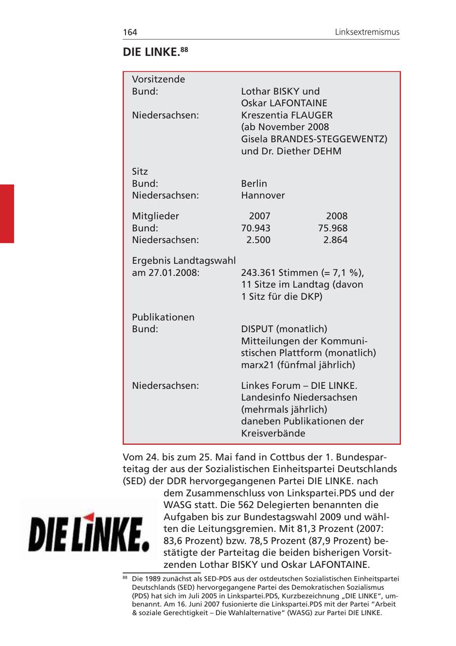 164 Linksextremismus DIE LINKE. 88 Vorsitzende Bund: Lothar BISKY und Oskar LAFONTAINE Niedersachsen: Kreszentia FLAUGER (ab November 2008 Gisela BRANDES-STEGGEWENTZ) und Dr. Diether DEHM Sitz Bund: Berlin Niedersachsen: Hannover Mitglieder 2007 2008 Bund: 70.943 75.968 Niedersachsen: 2.500 2.864 Ergebnis Landtagswahl am 27.01.2008: 243.361 Stimmen (= 7,1 %), 11 Sitze im Landtag (davon 1 Sitz für die DKP) Publikationen Bund: DISPUT (monatlich) Mitteilungen der Kommunistischen Plattform (monatlich) marx21 (fünfmal jährlich) Niedersachsen: Linkes Forum - DIE LINKE. Landesinfo Niedersachsen (mehrmals jährlich) daneben Publikationen der Kreisverbände Vom 24. bis zum 25. Mai fand in Cottbus der 1. Bundesparteitag der aus der Sozialistischen Einheitspartei Deutschlands (SED) der DDR hervorgegangenen Partei DIE LINKE. nach dem Zusammenschluss von Linkspartei.PDS und der WASG statt. Die 562 Delegierten benannten die Aufgaben bis zur Bundestagswahl 2009 und wählten die Leitungsgremien. Mit 81,3 Prozent (2007: 83,6 Prozent) bzw. 78,5 Prozent (87,9 Prozent) bestätigte der Parteitag die beiden bisherigen Vorsitzenden Lothar BISKY und Oskar LAFONTAINE. 88 Die 1989 zunächst als SED-PDS aus der ostdeutschen Sozialistischen Einheitspartei Deutschlands (SED) hervorgegangene Partei des Demokratischen Sozialismus (PDS) hat sich im Juli 2005 in Linkspartei.PDS, Kurzbezeichnung "DIE LINKE", umbenannt. Am 16. Juni 2007 fusionierte die Linkspartei.PDS mit der Partei "Arbeit & soziale Gerechtigkeit - Die Wahlalternative" (WASG) zur Partei DIE LINKE.