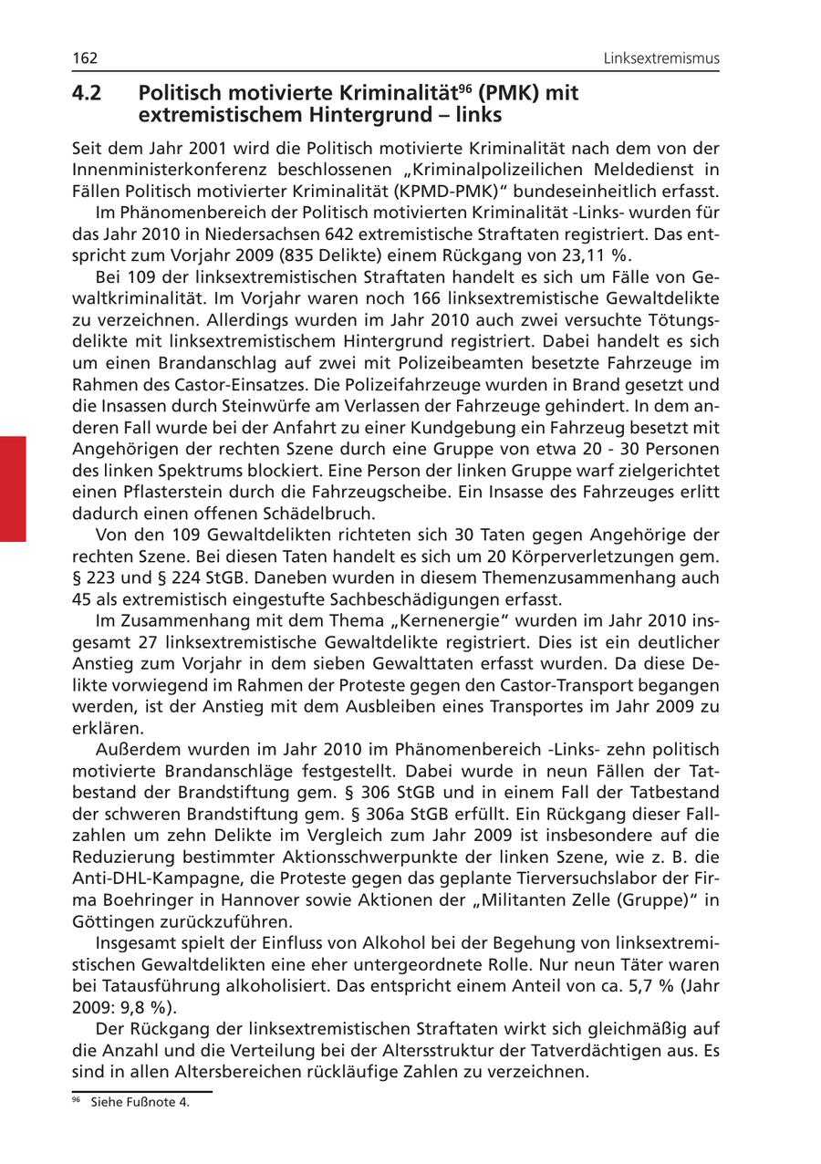 162 Linksextremismus 4.2 Politisch motivierte Kriminalität (PMK) mit 96 extremistischem Hintergrund - links Seit dem Jahr 2001 wird die Politisch motivierte Kriminalität nach dem von der Innenministerkonferenz beschlossenen "Kriminalpolizeilichen Meldedienst in Fällen Politisch motivierter Kriminalität (KPMD-PMK)" bundeseinheitlich erfasst. Im Phänomenbereich der Politisch motivierten Kriminalität -Linkswurden für das Jahr 2010 in Niedersachsen 642 extremistische Straftaten registriert. Das entspricht zum Vorjahr 2009 (835 Delikte) einem Rückgang von 23,11 %. Bei 109 der linksextremistischen Straftaten handelt es sich um Fälle von Gewaltkriminalität. Im Vorjahr waren noch 166 linksextremistische Gewaltdelikte zu verzeichnen. Allerdings wurden im Jahr 2010 auch zwei versuchte Tötungsdelikte mit linksextremistischem Hintergrund registriert. Dabei handelt es sich um einen Brandanschlag auf zwei mit Polizeibeamten besetzte Fahrzeuge im Rahmen des Castor-Einsatzes. Die Polizeifahrzeuge wurden in Brand gesetzt und die Insassen durch Steinwürfe am Verlassen der Fahrzeuge gehindert. In dem anderen Fall wurde bei der Anfahrt zu einer Kundgebung ein Fahrzeug besetzt mit Angehörigen der rechten Szene durch eine Gruppe von etwa 20 - 30 Personen des linken Spektrums blockiert. Eine Person der linken Gruppe warf zielgerichtet einen Pflasterstein durch die Fahrzeugscheibe. Ein Insasse des Fahrzeuges erlitt dadurch einen offenen Schädelbruch. Von den 109 Gewaltdelikten richteten sich 30 Taten gegen Angehörige der rechten Szene. Bei diesen Taten handelt es sich um 20 Körperverletzungen gem. SS 223 und SS 224 StGB. Daneben wurden in diesem Themenzusammenhang auch 45 als extremistisch eingestufte Sachbeschädigungen erfasst. Im Zusammenhang mit dem Thema "Kernenergie" wurden im Jahr 2010 insgesamt 27 linksextremistische Gewaltdelikte registriert. Dies ist ein deutlicher Anstieg zum Vorjahr in dem sieben Gewalttaten erfasst wurden. Da diese Delikte vorwiegend im Rahmen der Proteste gegen den Castor-Transport begangen werden, ist der Anstieg mit dem Ausbleiben eines Transportes im Jahr 2009 zu erklären. Außerdem wurden im Jahr 2010 im Phänomenbereich -Linkszehn politisch motivierte Brandanschläge festgestellt. Dabei wurde in neun Fällen der Tatbestand der Brandstiftung gem. SS 306 StGB und in einem Fall der Tatbestand der schweren Brandstiftung gem. SS 306a StGB erfüllt. Ein Rückgang dieser Fallzahlen um zehn Delikte im Vergleich zum Jahr 2009 ist insbesondere auf die Reduzierung bestimmter Aktionsschwerpunkte der linken Szene, wie z. B. die Anti-DHL-Kampagne, die Proteste gegen das geplante Tierversuchslabor der Firma Boehringer in Hannover sowie Aktionen der "Militanten Zelle (Gruppe)" in Göttingen zurückzuführen. Insgesamt spielt der Einfluss von Alkohol bei der Begehung von linksextremistischen Gewaltdelikten eine eher untergeordnete Rolle. Nur neun Täter waren bei Tatausführung alkoholisiert. Das entspricht einem Anteil von ca. 5,7 % (Jahr 2009: 9,8 %). Der Rückgang der linksextremistischen Straftaten wirkt sich gleichmäßig auf die Anzahl und die Verteilung bei der Altersstruktur der Tatverdächtigen aus. Es sind in allen Altersbereichen rückläufige Zahlen zu verzeichnen. 96 Siehe Fußnote 4.