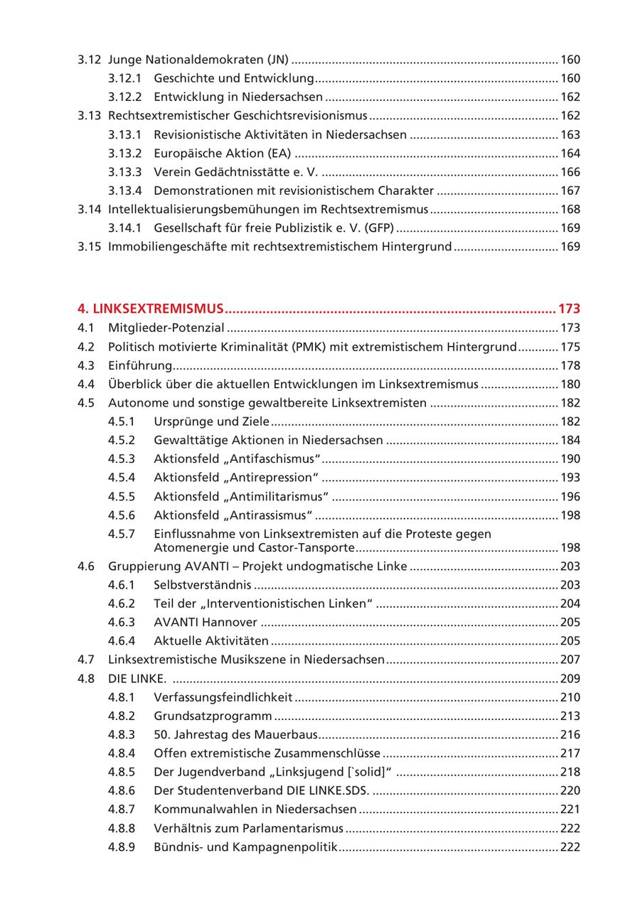 3.12 Junge Nationaldemokraten (JN) ............................................................................... 160 3.12.1 Geschichte und Entwicklung ........................................................................ 160 3.12.2 Entwicklung in Niedersachsen ..................................................................... 162 3.13 Rechtsextremistischer Geschichtsrevisionismus ........................................................ 162 3.13.1 Revisionistische Aktivitäten in Niedersachsen ............................................ 163 3.13.2 Europäische Aktion (EA) .............................................................................. 164 3.13.3 Verein Gedächtnisstätte e. V. ...................................................................... 166 3.13.4 Demonstrationen mit revisionistischem Charakter .................................... 167 3.14 Intellektualisierungsbemühungen im Rechtsextremismus ...................................... 168 3.14.1 Gesellschaft für freie Publizistik e. V. (GFP) ................................................ 169 3.15 Immobiliengeschäfte mit rechtsextremistischem Hintergrund ............................... 169 4. LINKSEXTREMISMUS ........................................................................................ 173 4.1 Mitglieder-Potenzial .................................................................................................. 173 4.2 Politisch motivierte Kriminalität (PMK) mit extremistischem Hintergrund ............ 175 4.3 Einführung.................................................................................................................. 178 4.4 Überblick über die aktuellen Entwicklungen im Linksextremismus ....................... 180 4.5 Autonome und sonstige gewaltbereite Linksextremisten ...................................... 182 4.5.1 Ursprünge und Ziele ..................................................................................... 182 4.5.2 Gewalttätige Aktionen in Niedersachsen ................................................... 184 4.5.3 Aktionsfeld "Antifaschismus" ...................................................................... 190 4.5.4 Aktionsfeld "Antirepression" ...................................................................... 193 4.5.5 Aktionsfeld "Antimilitarismus" ................................................................... 196 4.5.6 Aktionsfeld "Antirassismus" ........................................................................ 198 4.5.7 Einflussnahme von Linksextremisten auf die Proteste gegen Atomenergie und Castor-Tansporte ............................................................ 198 4.6 Gruppierung AVANTI - Projekt undogmatische Linke ............................................ 203 4.6.1 Selbstverständnis .......................................................................................... 203 4.6.2 Teil der "Interventionistischen Linken" ...................................................... 204 4.6.3 AVANTI Hannover ........................................................................................ 205 4.6.4 Aktuelle Aktivitäten ..................................................................................... 205 4.7 Linksextremistische Musikszene in Niedersachsen ................................................... 207 4.8 DIE LINKE. .................................................................................................................. 209 4.8.1 Verfassungsfeindlichkeit .............................................................................. 210 4.8.2 Grundsatzprogramm .................................................................................... 213 4.8.3 50. Jahrestag des Mauerbaus ....................................................................... 216 4.8.4 Offen extremistische Zusammenschlüsse .................................................... 217 4.8.5 Der Jugendverband "Linksjugend ['solid]" ................................................ 218 4.8.6 Der Studentenverband DIE LINKE.SDS. ....................................................... 220 4.8.7 Kommunalwahlen in Niedersachsen ........................................................... 221 4.8.8 Verhältnis zum Parlamentarismus ............................................................... 222 4.8.9 Bündnisund Kampagnenpolitik ................................................................. 222