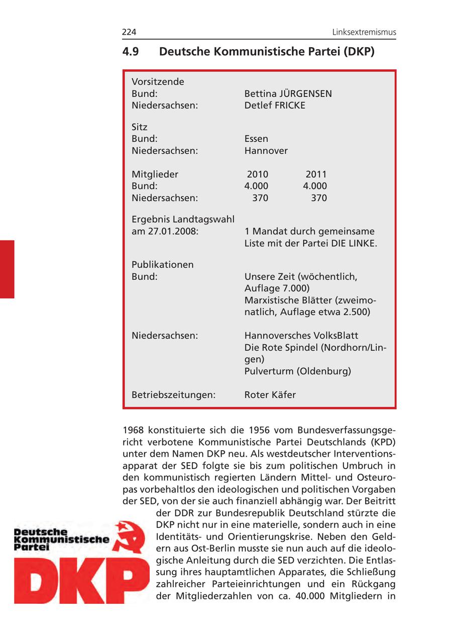 224 Linksextremismus 4.9 Deutsche Kommunistische Partei (DKP) Vorsitzende Bund: Bettina JÜRGENSEN Niedersachsen: Detlef FRICKE Sitz Bund: Essen Niedersachsen: Hannover Mitglieder 2010 2011 Bund: 4.000 4.000 Niedersachsen: 370 370 Ergebnis Landtagswahl am 27.01.2008: 1 Mandat durch gemeinsame Liste mit der Partei DIE LINKE. Publikationen Bund: Unsere Zeit (wöchentlich, Auflage 7.000) Marxistische Blätter (zweimonatlich, Auflage etwa 2.500) Niedersachsen: Hannoversches VolksBlatt Die Rote Spindel (Nordhorn/Lingen) Pulverturm (Oldenburg) Betriebszeitungen: Roter Käfer 1968 konstituierte sich die 1956 vom Bundesverfassungsgericht verbotene Kommunistische Partei Deutschlands (KPD) unter dem Namen DKP neu. Als westdeutscher Interventionsapparat der SED folgte sie bis zum politischen Umbruch in den kommunistisch regierten Ländern Mittelund Osteuropas vorbehaltlos den ideologischen und politischen Vorgaben der SED, von der sie auch finanziell abhängig war. Der Beitritt der DDR zur Bundesrepublik Deutschland stürzte die DKP nicht nur in eine materielle, sondern auch in eine Identitätsund Orientierungskrise. Neben den Geldern aus Ost-Berlin musste sie nun auch auf die ideologische Anleitung durch die SED verzichten. Die Entlassung ihres hauptamtlichen Apparates, die Schließung zahlreicher Parteieinrichtungen und ein Rückgang der Mitgliederzahlen von ca. 40.000 Mitgliedern in