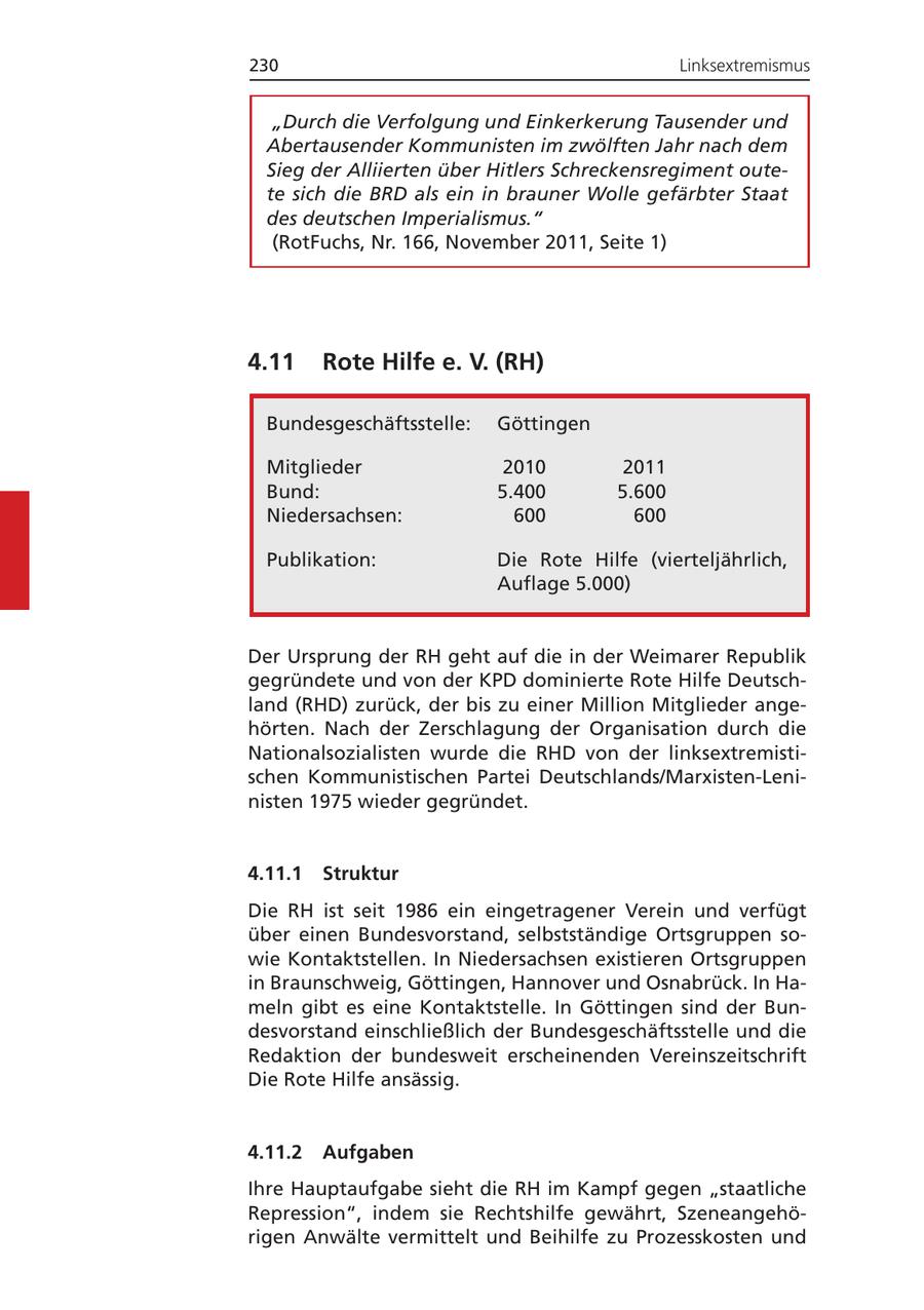230 Linksextremismus "Durch die Verfolgung und Einkerkerung Tausender und Abertausender Kommunisten im zwölften Jahr nach dem Sieg der Alliierten über Hitlers Schreckensregiment outete sich die BRD als ein in brauner Wolle gefärbter Staat des deutschen Imperialismus." (RotFuchs, Nr. 166, November 2011, Seite 1) 4.11 Rote Hilfe e. V. (RH) Bundesgeschäftsstelle: Göttingen Mitglieder 2010 2011 Bund: 5.400 5.600 Niedersachsen: 600 600 Publikation: Die Rote Hilfe (vierteljährlich, Auflage 5.000) Der Ursprung der RH geht auf die in der Weimarer Republik gegründete und von der KPD dominierte Rote Hilfe Deutschland (RHD) zurück, der bis zu einer Million Mitglieder angehörten. Nach der Zerschlagung der Organisation durch die Nationalsozialisten wurde die RHD von der linksextremistischen Kommunistischen Partei Deutschlands/Marxisten-Leninisten 1975 wieder gegründet. 4.11.1 Struktur Die RH ist seit 1986 ein eingetragener Verein und verfügt über einen Bundesvorstand, selbstständige Ortsgruppen sowie Kontaktstellen. In Niedersachsen existieren Ortsgruppen in Braunschweig, Göttingen, Hannover und Osnabrück. In Hameln gibt es eine Kontaktstelle. In Göttingen sind der Bundesvorstand einschließlich der Bundesgeschäftsstelle und die Redaktion der bundesweit erscheinenden Vereinszeitschrift Die Rote Hilfe ansässig. 4.11.2 Aufgaben Ihre Hauptaufgabe sieht die RH im Kampf gegen "staatliche Repression", indem sie Rechtshilfe gewährt, Szeneangehörigen Anwälte vermittelt und Beihilfe zu Prozesskosten und