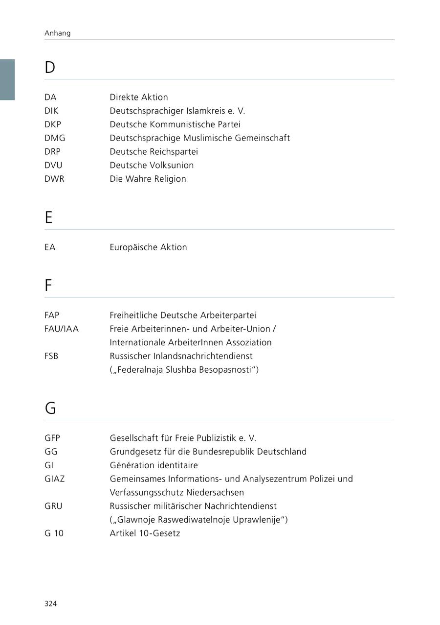 Anhang D DA Direkte Aktion DIK Deutschsprachiger Islamkreis e. V. DKP Deutsche Kommunistische Partei DMG Deutschsprachige Muslimische Gemeinschaft DRP Deutsche Reichspartei DVU Deutsche Volksunion DWR Die Wahre Religion E EA Europäische Aktion F FAP Freiheitliche Deutsche Arbeiterpartei FAU/IAA Freie Arbeiterinnenund Arbeiter-Union / Internationale ArbeiterInnen Assoziation FSB Russischer Inlandsnachrichtendienst ("Federalnaja Slushba Besopasnosti") G GFP Gesellschaft für Freie Publizistik e. V. GG Grundgesetz für die Bundesrepublik Deutschland GI Generation identitaire GIAZ Gemeinsames Informationsund Analysezentrum Polizei und Verfassungsschutz Niedersachsen GRU Russischer militärischer Nachrichtendienst ("Glawnoje Raswediwatelnoje Uprawlenije") G 10 Artikel 10-Gesetz 324