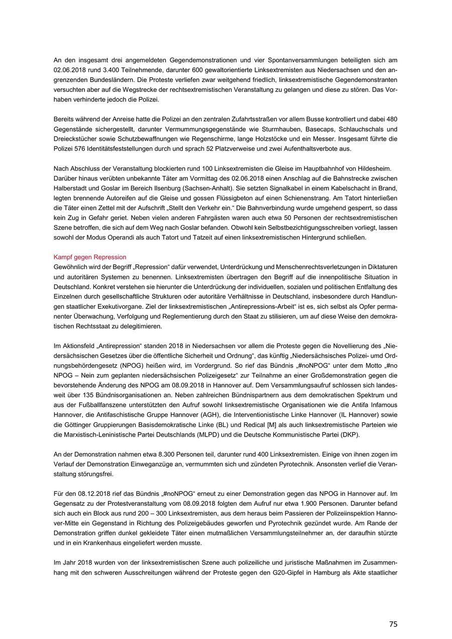 An den insgesamt drei angemeldeten Gegendemonstrationen und vier Spontanversammlungen beteiligten sich am 02.06.2018 rund 3.400 Teilnehmende, darunter 600 gewaltorientierte Linksextremisten aus Niedersachsen und den angrenzenden Bundesländern. Die Proteste verliefen zwar weitgehend friedlich, linksextremistische Gegendemonstranten versuchten aber auf die Wegstrecke der rechtsextremistischen Veranstaltung zu gelangen und diese zu stören. Das Vorhaben verhinderte jedoch die Polizei. Bereits während der Anreise hatte die Polizei an den zentralen Zufahrtsstraßen vor allem Busse kontrolliert und dabei 480 Gegenstände sichergestellt, darunter Vermummungsgegenstände wie Sturmhauben, Basecaps, Schlauchschals und Dreieckstücher sowie Schutzbewaffnungen wie Regenschirme, lange Holzstöcke und ein Messer. Insgesamt führte die Polizei 576 Identitätsfeststellungen durch und sprach 52 Platzverweise und zwei Aufenthaltsverbote aus. Nach Abschluss der Veranstaltung blockierten rund 100 Linksextremisten die Gleise im Hauptbahnhof von Hildesheim. Darüber hinaus verübten unbekannte Täter am Vormittag des 02.06.2018 einen Anschlag auf die Bahnstrecke zwischen Halberstadt und Goslar im Bereich Ilsenburg (Sachsen-Anhalt). Sie setzten Signalkabel in einem Kabelschacht in Brand, legten brennende Autoreifen auf die Gleise und gossen Flüssigbeton auf einen Schienenstrang. Am Tatort hinterließen die Täter einen Zettel mit der Aufschrift "Stellt den Verkehr ein." Die Bahnverbindung wurde umgehend gesperrt, so dass kein Zug in Gefahr geriet. Neben vielen anderen Fahrgästen waren auch etwa 50 Personen der rechtsextremistischen Szene betroffen, die sich auf dem Weg nach Goslar befanden. Obwohl kein Selbstbezichtigungsschreiben vorliegt, lassen sowohl der Modus Operandi als auch Tatort und Tatzeit auf einen linksextremistischen Hintergrund schließen. Kampf gegen Repression Gewöhnlich wird der Begriff "Repression" dafür verwendet, Unterdrückung und Menschenrechtsverletzungen in Diktaturen und autoritären Systemen zu benennen. Linksextremisten übertragen den Begriff auf die innenpolitische Situation in Deutschland. Konkret verstehen sie hierunter die Unterdrückung der individuellen, sozialen und politischen Entfaltung des Einzelnen durch gesellschaftliche Strukturen oder autoritäre Verhältnisse in Deutschland, insbesondere durch Handlungen staatlicher Exekutivorgane. Ziel der linksextremistischen "Antirepressions-Arbeit" ist es, sich selbst als Opfer permanenter Überwachung, Verfolgung und Reglementierung durch den Staat zu stilisieren, um auf diese Weise den demokratischen Rechtsstaat zu delegitimieren. Im Aktionsfeld "Antirepression" standen 2018 in Niedersachsen vor allem die Proteste gegen die Novellierung des "Niedersächsischen Gesetzes über die öffentliche Sicherheit und Ordnung", das künftig "Niedersächsisches Polizeiumd Ordnungsbehördengesetz (NPOG) heißen wird, im Vordergrund. So rief das Bündnis "#noNPOG" unter dem Motto "#no NPOG - Nein zum geplanten niedersächsischen Polizeigesetz" zur Teilnahme an einer Großdemonstration gegen die bevorstehende Änderung des NPOG am 08.09.2018 in Hannover auf. Dem Versammlungsaufruf schlossen sich landesweit über 135 Bündnisorganisationen an. Neben zahlreichen Bündnispartnern aus dem demokratischen Spektrum und aus der Fußballfanszene unterstützten den Aufruf sowohl linksextremistische Organisationen wie die Antifa Infamous Hannover, die Antifaschistische Gruppe Hannover (AGH), die Interventionistische Linke Hannover (IL Hannover) sowie die Göttinger Gruppierungen Basisdemokratische Linke (BL) und Redical [M] als auch linksextremistische Parteien wie die Marxistisch-Leninistische Partei Deutschlands (MLPD) und die Deutsche Kommunistische Partei (DKP). An der Demonstration nahmen etwa 8.300 Personen teil, darunter rund 400 Linksextremisten. Einige von ihnen zogen im Verlauf der Demonstration Einweganzüge an, vermummten sich und zündeten Pyrotechnik. Ansonsten verlief die Veranstaltung störungsfrei. Für den 08.12.2018 rief das Bündnis "#noNPOG" erneut zu einer Demonstration gegen das NPOG in Hannover auf. Im Gegensatz zu der Protestveranstaltung vom 08.09.2018 folgten dem Aufruf nur etwa 1.900 Personen. Darunter befand sich auch ein Block aus rund 200 - 300 Linksextremisten, aus dem heraus beim Passieren der Polizeiinspektion Hannover-Mitte ein Gegenstand in Richtung des Polizeigebäudes geworfen und Pyrotechnik gezündet wurde. Am Rande der Demonstration griffen dunkel gekleidete Täter einen mutmaßlichen Versammlungsteilnehmer an, der daraufhin stürzte und in ein Krankenhaus eingeliefert werden musste. Im Jahr 2018 wurden von der linksextremistischen Szene auch polizeiliche und juristische Maßnahmen im Zusammenhang mit den schweren Ausschreitungen während der Proteste gegen den G20-Gipfel in Hamburg als Akte staatlicher 75