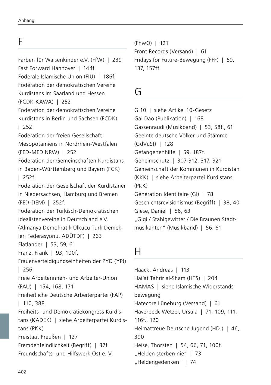 Anhang F (FhwO) | 121 Front Records (Versand) | 61 Farben für Waisenkinder e.V. (FfW) | 239 Fridays for Future-Bewegung (FFF) | 69, Fast Forward Hannover | 144f. 137, 157ff. Föderale Islamische Union (FIU) | 186f. Föderation der demokratischen Vereine Kurdistans im Saarland und Hessen G (FCDK-KAWA) | 252 Föderation der demokratischen Vereine G 10 | siehe Artikel 10-Gesetz Kurdistans in Berlin und Sachsen (FCDK) Gai Dao (Publikation) | 168 | 252 Gassenraudi (Musikband) | 53, 58f., 61 Föderation der freien Gesellschaft Geeinte deutsche Völker und Stämme Mesopotamiens in Nordrhein-Westfalen (GdVuSt) | 128 (FED-MED NRW) | 252 Gefangenenhilfe | 59, 187f. Föderation der Gemeinschaften Kurdistans Geheimschutz | 307-312, 317, 321 in Baden-Württemberg und Bayern (FCK) Gemeinschaft der Kommunen in Kurdistan | 252f. (KKK) | siehe Arbeiterpartei Kurdistans Föderation der Gesellschaft der Kurdistaner (PKK) in Niedersachsen, Hamburg und Bremen Generation Identitaire (GI) | 78 (FED-DEM) | 252f. Geschichtsrevisionismus (Begriff) | 38, 40 Föderation der Türkisch-Demokratischen Giese, Daniel | 56, 63 Idealistenvereine in Deutschland e.V. "Gigi / Stahlgewitter / Die Braunen Stadt(Almanya Demokratik Ülkücü Türk Demekmusikanten" (Musikband) | 56, 61 leri Federasyonu, ADÜTDF) | 263 Flatlander | 53, 59, 61 Franz, Frank | 93, 100f. H Frauenverteidigungseinheiten der PYD (YPJ) | 256 Haack, Andreas | 113 Freie Arbeiterinnenund Arbeiter-Union Hai'at Tahrir al-Sham (HTS) | 204 (FAU) | 154, 168, 171 HAMAS | siehe Islamische WiderstandsFreiheitliche Deutsche Arbeiterpartei (FAP) bewegung | 110, 388 Hatecore Lüneburg (Versand) | 61 Freiheitsund Demokratiekongress KurdisHaverbeck-Wetzel, Ursula | 71, 109, 111, tans (KADEK) | siehe Arbeiterpartei Kurdis116f., 120 tans (PKK) Heimattreue Deutsche Jugend (HDJ) | 46, Freistaat Preußen | 127 390 Fremdenfeindlichkeit (Begriff) | 37f. Heise, Thorsten | 54, 66, 71, 100f. Freundschaftsund Hilfswerk Ost e. V. "Helden sterben nie" | 73 "Heldengedenken" | 74 402