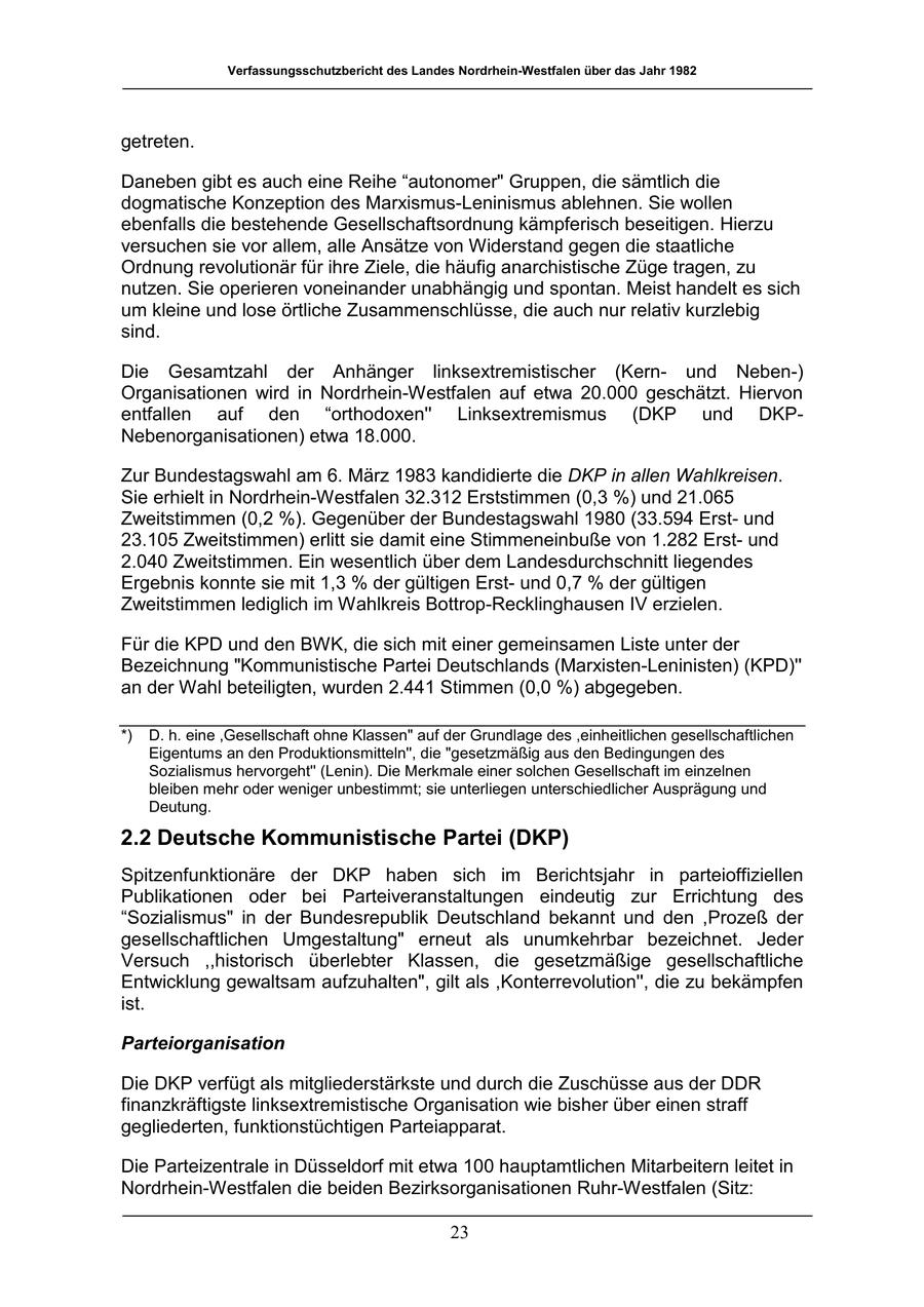 Verfassungsschutzbericht des Landes Nordrhein-Westfalen über das Jahr 1982 getreten. Daneben gibt es auch eine Reihe "autonomer" Gruppen, die sämtlich die dogmatische Konzeption des Marxismus-Leninismus ablehnen. Sie wollen ebenfalls die bestehende Gesellschaftsordnung kämpferisch beseitigen. Hierzu versuchen sie vor allem, alle Ansätze von Widerstand gegen die staatliche Ordnung revolutionär für ihre Ziele, die häufig anarchistische Züge tragen, zu nutzen. Sie operieren voneinander unabhängig und spontan. Meist handelt es sich um kleine und lose örtliche Zusammenschlüsse, die auch nur relativ kurzlebig sind. Die Gesamtzahl der Anhänger linksextremistischer (Kernund Neben-) Organisationen wird in Nordrhein-Westfalen auf etwa 20.000 geschätzt. Hiervon entfallen auf den "orthodoxen'' Linksextremismus (DKP und DKPNebenorganisationen) etwa 18.000. Zur Bundestagswahl am 6. März 1983 kandidierte die DKP in allen Wahlkreisen. Sie erhielt in Nordrhein-Westfalen 32.312 Erststimmen (0,3 %) und 21.065 Zweitstimmen (0,2 %). Gegenüber der Bundestagswahl 1980 (33.594 Erstund 23.105 Zweitstimmen) erlitt sie damit eine Stimmeneinbuße von 1.282 Erstund 2.040 Zweitstimmen. Ein wesentlich über dem Landesdurchschnitt liegendes Ergebnis konnte sie mit 1,3 % der gültigen Erstund 0,7 % der gültigen Zweitstimmen lediglich im Wahlkreis Bottrop-Recklinghausen IV erzielen. Für die KPD und den BWK, die sich mit einer gemeinsamen Liste unter der Bezeichnung "Kommunistische Partei Deutschlands (Marxisten-Leninisten) (KPD)'' an der Wahl beteiligten, wurden 2.441 Stimmen (0,0 %) abgegeben. *) D. h. eine ,Gesellschaft ohne Klassen" auf der Grundlage des ,einheitlichen gesellschaftlichen Eigentums an den Produktionsmitteln'', die "gesetzmäßig aus den Bedingungen des Sozialismus hervorgeht'' (Lenin). Die Merkmale einer solchen Gesellschaft im einzelnen bleiben mehr oder weniger unbestimmt; sie unterliegen unterschiedlicher Ausprägung und Deutung. 2.2 Deutsche Kommunistische Partei (DKP) Spitzenfunktionäre der DKP haben sich im Berichtsjahr in parteioffiziellen Publikationen oder bei Parteiveranstaltungen eindeutig zur Errichtung des "Sozialismus" in der Bundesrepublik Deutschland bekannt und den ,Prozeß der gesellschaftlichen Umgestaltung" erneut als unumkehrbar bezeichnet. Jeder Versuch ,,historisch überlebter Klassen, die gesetzmäßige gesellschaftliche Entwicklung gewaltsam aufzuhalten", gilt als ,Konterrevolution'', die zu bekämpfen ist. Parteiorganisation Die DKP verfügt als mitgliederstärkste und durch die Zuschüsse aus der DDR finanzkräftigste linksextremistische Organisation wie bisher über einen straff gegliederten, funktionstüchtigen Parteiapparat. Die Parteizentrale in Düsseldorf mit etwa 100 hauptamtlichen Mitarbeitern leitet in Nordrhein-Westfalen die beiden Bezirksorganisationen Ruhr-Westfalen (Sitz: 23