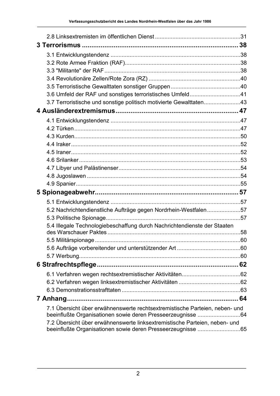 Verfassungsschutzbericht des Landes Nordrhein-Westfalen über das Jahr 1986 2.8 Linksextremisten im öffentlichen Dienst ......................................................31 3 Terrorismus .................................................................................... 38 3.1 Entwicklungstendenz ..................................................................................38 3.2 Rote Armee Fraktion (RAF).........................................................................38 3.3 "Militante" der RAF......................................................................................38 3.4 Revolutionäre Zellen/Rote Zora (RZ) ..........................................................40 3.5 Terroristische Gewalttaten sonstiger Gruppen ............................................40 3.6 Umfeld der RAF und sonstiges terroristisches Umfeld................................41 3.7 Terroristische und sonstige politisch motivierte Gewalttaten.......................43 4 Ausländerextremismus.................................................................. 47 4.1 Entwicklungstendenz ..................................................................................47 4.2 Türken .........................................................................................................47 4.3 Kurden.........................................................................................................50 4.4 Iraker...........................................................................................................52 4.5 Iraner...........................................................................................................52 4.6 Srilanker ......................................................................................................53 4.7 Libyer und Palästinenser.............................................................................54 4.8 Jugoslawen .................................................................................................54 4.9 Spanier........................................................................................................55 5 Spionageabwehr............................................................................. 57 5.1 Entwicklungstendenz ..................................................................................57 5.2 Nachrichtendienstliche Aufträge gegen Nordrhein-Westfalen .....................57 5.3 Politische Spionage.....................................................................................57 5.4 Illegale Technologiebeschaffung durch Nachrichtendienste der Staaten des Warschauer Paktes ....................................................................................58 5.5 Militärspionage ............................................................................................60 5.6 Aufträge vorbereitender und unterstützender Art ........................................60 5.7 Werbung......................................................................................................60 6 Strafrechtspflege............................................................................ 62 6.1 Verfahren wegen rechtsextremistischer Aktivitäten.....................................62 6.2 Verfahren wegen linksextremistischer Aktivitäten .......................................62 6.3 Demonstrationsstrafttaten ...........................................................................63 7 Anhang............................................................................................ 64 7.1 Übersicht über erwähnenswerte rechtsextremistische Parteien, nebenund beeinflußte Organisationen sowie deren Presseerzeugnisse ...........................64 7.2 Übersicht über erwähnenswerte linksextremistische Parteien, nebenund beeinflußte Organisationen sowie deren Presseerzeugnisse ...........................65 2