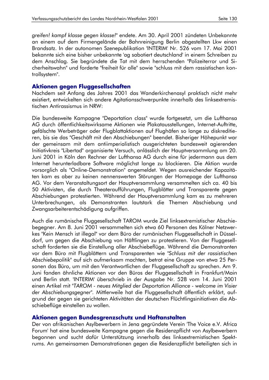 Verfassungsschutzbericht des Landes Nordrhein-Westfalen 2001 Seite 130 greifen! kampf klasse gegen klasse!" endete. Am 30. April 2001 zündeten Unbekannte an einem auf dem Firmengelände der Bahnreinigung Berlin abgestellten Lkw einen Brandsatz. In der autonomen Szenepublikation 'INTERIM' Nr. 526 vom 17. Mai 2001 bekannte sich eine bisher unbekannte 'ag sabotiert deutschland' in einem Schreiben zu dem Anschlag. Sie begründete die Tat mit dem herrschenden "Polizeiterror und Sicherheitswahn" und forderte "freiheit für alle" sowie "schluss mit dem rassistischen kontrollsystem". Aktionen gegen Fluggesellschaften Nachdem seit Anfang des Jahres 2001 das Wanderkirchenasyl praktisch nicht mehr existiert, entwickelten sich andere Agitationsschwerpunkte innerhalb des linksextremistischen Antirassismus in NRW: Die bundesweite Kampagne "Deportation class" wurde fortgesetzt, um die Lufthansa AG durch öffentlichkeitswirksame Aktionen wie Plakatausstellungen, Internet-Auftritte, gefälschte Werbeträger oder Flugblattaktionen auf Flughäfen so lange zu diskreditieren, bis sie das "Geschäft mit den Abschiebungen" beendet. Bisheriger Höhepunkt war der gemeinsam mit dem antiimperialistisch ausgerichteten bundesweit agierenden Initiativkreis "Libertad" organisierte Versuch, anlässlich der Hauptversammlung am 20. Juni 2001 in Köln den Rechner der Lufthansa AG durch eine für jedermann aus dem Internet herunterladbare Software möglichst lange zu blockieren. Die Aktion wurde vorsorglich als "Online-Demonstration" angemeldet. Wegen ausreichender Kapazitäten kam es aber zu keinen nennenswerten Störungen der Homepage der Lufthansa AG. Vor dem Veranstaltungsort der Hauptversammlung versammelten sich ca. 40 bis 50 Aktivisten, die durch Theateraufführungen, Flugblätter und Transparente gegen Abschiebungen protestierten. Während der Hauptversammlung kam es zu mehreren Unterbrechungen, als Demonstranten lautstark die Themen Abschiebung und Zwangsarbeiterentschädigung aufgriffen. Auch die rumänische Fluggesellschaft TAROM wurde Ziel linksextremistischer Abschiebegegner. Am 8. Juni 2001 versammelten sich etwa 60 Personen des Kölner Netzwerkes "Kein Mensch ist illegal" vor dem Büro der rumänischen Fluggesellschaft in Düsseldorf, um gegen die Abschiebung von Häftlingen zu protestieren. Von der Fluggesellschaft forderten sie die Einstellung aller Abschiebeflüge. Während die Demonstranten vor dem Büro mit Flugblättern und Transparenten wie "Schluss mit der rassistischen Abschiebepolitik" auf sich aufmerksam machten, betrat eine Gruppe von etwa 25 Personen das Büro, um mit den Verantwortlichen der Fluggesellschaft zu sprechen. Am 9. Juni fanden ähnliche Aktionen vor den Büros der Fluggesellschaft in Frankfurt/Main und Berlin statt. 'INTERIM' überschrieb in der Ausgabe Nr. 528 vom 14. Juni 2001 einen Artikel mit "TAROM - neues Mitglied der Deportation Alliance - welcome im Visier der Abschiebungsgegner". Mittlerweile hat die Fluggesellschaft öffentlich erklärt, aufgrund der gegen sie gerichteten Aktivitäten der deutschen Flüchtlingsinitiativen die Abschiebeflüge einstellen zu wollen. Aktionen gegen Bundesgrenzschutz und Haftanstalten Der von afrikanischen Asylbewerbern in Jena gegründete Verein 'The Voice e.V. Africa Forum' hat eine bundesweite Kampagne gegen die Residenzpflicht von Asylbewerbern begonnen und sucht dafür Unterstützung innerhalb des linksextremistischen Spektrums. An gemeinsamen Demonstrationen gegen die Residenzpflicht beteiligten sich in