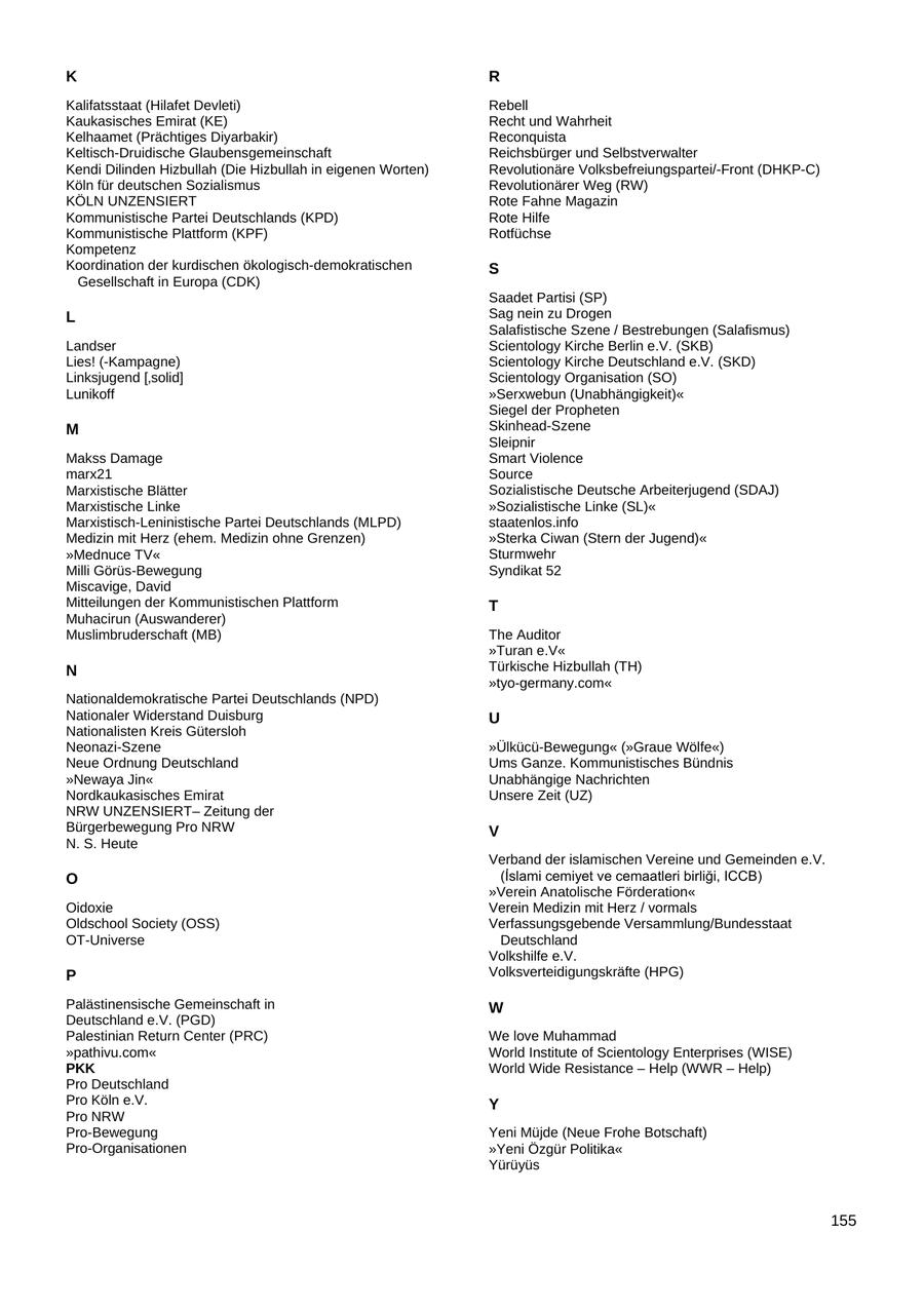 K R Kalifatsstaat (Hilafet Devleti) Rebell Kaukasisches Emirat (KE) Recht und Wahrheit Kelhaamet (Prächtiges Diyarbakir) Reconquista Keltisch-Druidische Glaubensgemeinschaft Reichsbürger und Selbstverwalter Kendi Dilinden Hizbullah (Die Hizbullah in eigenen Worten) Revolutionäre Volksbefreiungspartei/-Front (DHKP-C) Köln für deutschen Sozialismus Revolutionärer Weg (RW) KÖLN UNZENSIERT Rote Fahne Magazin Kommunistische Partei Deutschlands (KPD) Rote Hilfe Kommunistische Plattform (KPF) Rotfüchse Kompetenz Koordination der kurdischen ökologisch-demokratischen S Gesellschaft in Europa (CDK) Saadet Partisi (SP) L Sag nein zu Drogen Salafistische Szene / Bestrebungen (Salafismus) Landser Scientology Kirche Berlin e.V. (SKB) Lies! (-Kampagne) Scientology Kirche Deutschland e.V. (SKD) Linksjugend ['solid] Scientology Organisation (SO) Lunikoff "Serxwebun (Unabhängigkeit)" Siegel der Propheten M Skinhead-Szene Sleipnir Makss Damage Smart Violence marx21 Source Marxistische Blätter Sozialistische Deutsche Arbeiterjugend (SDAJ) Marxistische Linke "Sozialistische Linke (SL)" Marxistisch-Leninistische Partei Deutschlands (MLPD) staatenlos.info Medizin mit Herz (ehem. Medizin ohne Grenzen) "Sterka Ciwan (Stern der Jugend)" "Mednuce TV" Sturmwehr Milli Görüs-Bewegung Syndikat 52 Miscavige, David Mitteilungen der Kommunistischen Plattform T Muhacirun (Auswanderer) Muslimbruderschaft (MB) The Auditor "Turan e.V" N Türkische Hizbullah (TH) "tyo-germany.com" Nationaldemokratische Partei Deutschlands (NPD) Nationaler Widerstand Duisburg U Nationalisten Kreis Gütersloh Neonazi-Szene "Ülkücü-Bewegung" ("Graue Wölfe") Neue Ordnung Deutschland Ums Ganze. Kommunistisches Bündnis "Newaya Jin" Unabhängige Nachrichten Nordkaukasisches Emirat Unsere Zeit (UZ) NRW UNZENSIERTZeitung der Bürgerbewegung Pro NRW V N. S. Heute Verband der islamischen Vereine und Gemeinden e.V. O "Verein Anatolische Förderation" Oidoxie Verein Medizin mit Herz / vormals Oldschool Society (OSS) Verfassungsgebende Versammlung/Bundesstaat OT-Universe Deutschland Volkshilfe e.V. P Volksverteidigungskräfte (HPG) Palästinensische Gemeinschaft in W Deutschland e.V. (PGD) Palestinian Return Center (PRC) We love Muhammad "pathivu.com" World Institute of Scientology Enterprises (WISE) PKK World Wide Resistance - Help (WWR - Help) Pro Deutschland Pro Köln e.V. Y Pro NRW Pro-Bewegung Yeni Müjde (Neue Frohe Botschaft) Pro-Organisationen "Yeni Özgür Politika" Yürüyüs 155