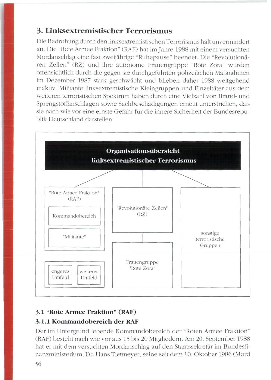 3. Linksextremistischer Terrorismus Die Bedrohung durch den linksextremistischen Terrorismus hält unvermindert an. Die "Rote Armee Fraktion" (RAF) hat im Jahre 1988 mit einem versuchten Mordanschlag eine fast zweijährige "Ruhepause" beendet. Die "Revolutionären Zellen" (RZ) und ihre autonome Frauengruppe "Rote Zora" wurden offensichtlich durch die gegen sie durchgeführten polizeilichen Maßnahmen im Dezember 1987 stark geschwächt und blieben daher 1988 weitgehend inaktiv. Militante linksextremistische Kleingruppen und Einzeltäter aus dem weiteren terroristischen Spektrum haben durch eine Vielzahl von Brandund Sprengstoffanschlägen sowie Sachbeschädigungen erneut unterstrichen, daß sie nach wie vor eine ernste Gefahr für die innere Sicherheit der Bundesrepublik Deutschland darstellen. Organisationsübersicht linksextremistischer Terrorismus "Rote Armee Fraktion" (RAF) "Revolutionäre Zellen" Kommandobereich (RZ) sonstige "Militante" terroristische Gruppen Frauengruppe "Rote Zora" engeres weiteres Umfeld Umfeld 3.1 "Rote Armee Fraktion" (RAF) 3-1.1 Kommandobereich der RAF Der im Untergrund lebende Kommandobereich der "Roten Armee Fraktion" (RAF) besteht nach wie vor aus 15 bis 20 Mitgliedern. Am 20. September 1988 hat er mit dem versuchten Mordanschlag auf den Staatssekretär im Bundesfinanzministerium, Dr. Hans Tietmeyer, seine seit dem 10. Oktober 1986 (Mord 56