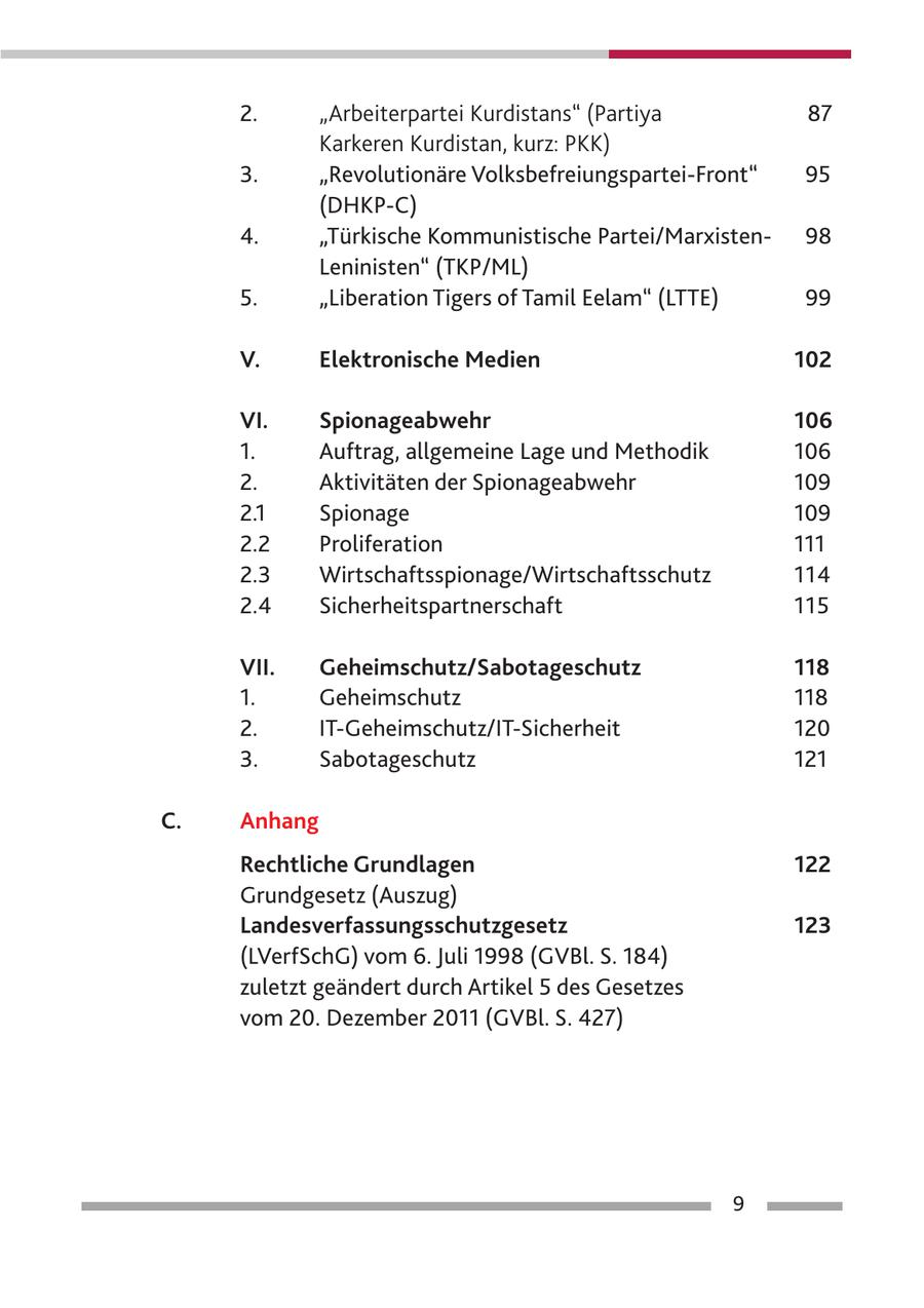 2. "Arbeiterpartei Kurdistans" (Partiya 87 Karkeren Kurdistan, kurz: PKK) 0 3. "Revolutionäre Volksbefreiungspartei-Front" 095 (DHKP-C) 4. "Türkische Kommunistische Partei/Marxisten098 Leninisten" (TKP/ML) 5. "Liberation Tigers of Tamil Eelam" (LTTE) 099 V. Elektronische Medien 102 VI. Spionageabwehr 106 1. Auftrag, allgemeine Lage und Methodik 106 2. Aktivitäten der Spionageabwehr 109 2.1 Spionage 109 2.2 Proliferation 111 2.3 Wirtschaftsspionage/Wirtschaftsschutz 114 2.4 Sicherheitspartnerschaft 115 VII. Geheimschutz/Sabotageschutz 118 1. Geheimschutz 118 2. IT-Geheimschutz/IT-Sicherheit 120 3. Sabotageschutz 121 C. Anhang Rechtliche Grundlagen 122 Grundgesetz (Auszug) Landesverfassungsschutzgesetz 123 (LVerfSchG) vom 6. Juli 1998 (GVBl. S. 184) zuletzt geändert durch Artikel 5 des Gesetzes vom 20. Dezember 2011 (GVBl. S. 427) 9