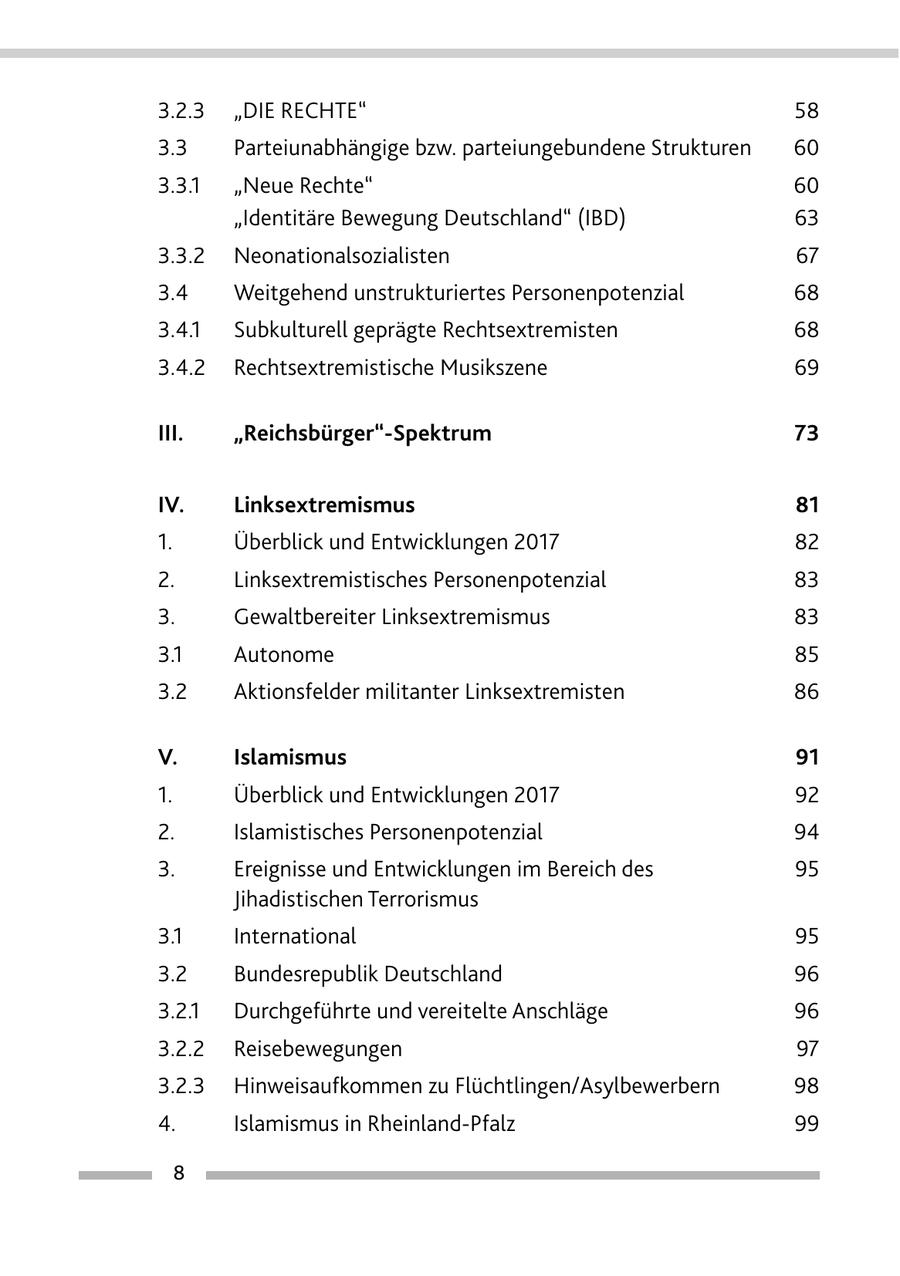 3.2.3 "DIE RECHTE" 58 3.3 Parteiunabhängige bzw. parteiungebundene Strukturen 60 3.3.1 "Neue Rechte" 60 "Identitäre Bewegung Deutschland" (IBD) 63 3.3.2 Neonationalsozialisten 67 3.4 Weitgehend unstrukturiertes Personenpotenzial 68 3.4.1 Subkulturell geprägte Rechtsextremisten 68 3.4.2 Rechtsextremistische Musikszene 69 III. "Reichsbürger"-Spektrum 73 IV. Linksextremismus 81 1. Überblick und Entwicklungen 2017 82 2. Linksextremistisches Personenpotenzial 83 3. Gewaltbereiter Linksextremismus 83 3.1 Autonome 85 3.2 Aktionsfelder militanter Linksextremisten 86 V. Islamismus 91 1. Überblick und Entwicklungen 2017 92 2. Islamistisches Personenpotenzial 94 3. Ereignisse und Entwicklungen im Bereich des 95 Jihadistischen Terrorismus 3.1 International 95 3.2 Bundesrepublik Deutschland 96 3.2.1 Durchgeführte und vereitelte Anschläge 96 3.2.2 Reisebewegungen 97 3.2.3 Hinweisaufkommen zu Flüchtlingen/Asylbewerbern 98 4. Islamismus in Rheinland-Pfalz 99 8
