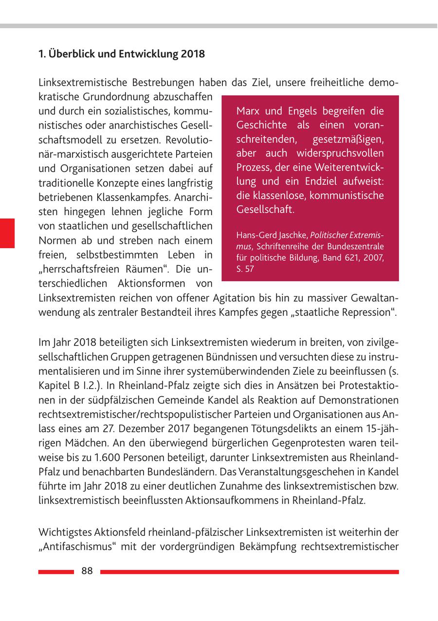 1. Überblick und Entwicklung 2018 Linksextremistische Bestrebungen haben das Ziel, unsere freiheitliche demokratische Grundordnung abzuschaffen und durch ein sozialistisches, kommuMarx und Engels begreifen die nistisches oder anarchistisches GesellGeschichte als einen voranschaftsmodell zu ersetzen. Revolutioschreitenden, gesetzmäßigen, när-marxistisch ausgerichtete Parteien aber auch widerspruchsvollen und Organisationen setzen dabei auf Prozess, der eine Weiterentwicktraditionelle Konzepte eines langfristig lung und ein Endziel aufweist: betriebenen Klassenkampfes. Anarchidie klassenlose, kommunistische sten hingegen lehnen jegliche Form Gesellschaft. von staatlichen und gesellschaftlichen Hans-Gerd Jaschke, Politischer ExtremisNormen ab und streben nach einem mus, Schriftenreihe der Bundeszentrale freien, selbstbestimmten Leben in für politische Bildung, Band 621, 2007, "herrschaftsfreien Räumen". Die unS. 57 terschiedlichen Aktionsformen von Linksextremisten reichen von offener Agitation bis hin zu massiver Gewaltanwendung als zentraler Bestandteil ihres Kampfes gegen "staatliche Repression". Im Jahr 2018 beteiligten sich Linksextremisten wiederum in breiten, von zivilgesellschaftlichen Gruppen getragenen Bündnissen und versuchten diese zu instrumentalisieren und im Sinne ihrer systemüberwindenden Ziele zu beeinflussen (s. Kapitel B I.2.). In Rheinland-Pfalz zeigte sich dies in Ansätzen bei Protestaktionen in der südpfälzischen Gemeinde Kandel als Reaktion auf Demonstrationen rechtsextremistischer/rechtspopulistischer Parteien und Organisationen aus Anlass eines am 27. Dezember 2017 begangenen Tötungsdelikts an einem 15-jährigen Mädchen. An den überwiegend bürgerlichen Gegenprotesten waren teilweise bis zu 1.600 Personen beteiligt, darunter Linksextremisten aus RheinlandPfalz und benachbarten Bundesländern. Das Veranstaltungsgeschehen in Kandel führte im Jahr 2018 zu einer deutlichen Zunahme des linksextremistischen bzw. linksextremistisch beeinflussten Aktionsaufkommens in Rheinland-Pfalz. Wichtigstes Aktionsfeld rheinland-pfälzischer Linksextremisten ist weiterhin der "Antifaschismus" mit der vordergründigen Bekämpfung rechtsextremistischer 88