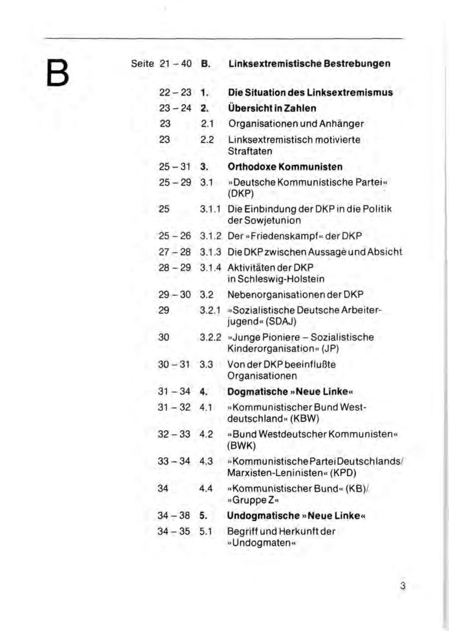 B Seite 21 - 40 22-23 B. 1. Linksextremistische Bestrebungen Die Situation des Linksextremismus 23-24 2. Übersicht in Zahlen 23 2.1 Organisationen und Anhänger 23 2.2 Linksextremistisch motivierte Straftaten 25 - 31 3. Orthodoxe Kommunisten 25-29 3.1 "Deutsche Kommunistische Partei" (DKP) 25 3.1.1 DieEinbindungderDKPindiePolitik der Sowjetunion 25-26 3.1.2 Der "Friedenskampf" der DKP 27-28 3.1.3 DieDKPzwischenAussageundAbsicht 28-29 3.1.4 Aktivitäten der DKP in Schleswig-Holstein 29-30 3.2 Nebenorganisationen der DKP 29 3.2.1 "Sozialistische Deutsche Arbeiterjugend" (SDAJ) 30 3.2.2 "Junge Pioniere-Sozialistische Kinderorganisation" (JP) 30-31 3.3 VonderDKPbeeinflußte Organisationen 31-34 4. Dogmatische "Neue Linke" 31-32 4.1 "Kommunistischer Bund Westdeutschland" (KBW) 32-33 4.2 "Bund Westdeutscher Kommunisten" (BWK) 33-34 4.3 "KommunistischeParteiDeutschlands/ Marxisten-Leninisten" (KPD) 34 4.4 "Kommunistischer Bund" (KB)/ "GruppeZ" 34-38 5. Undogmatische "Neue Linke" 34-35 5.1 Begriff und Herkunft der "Undogmaten" 3