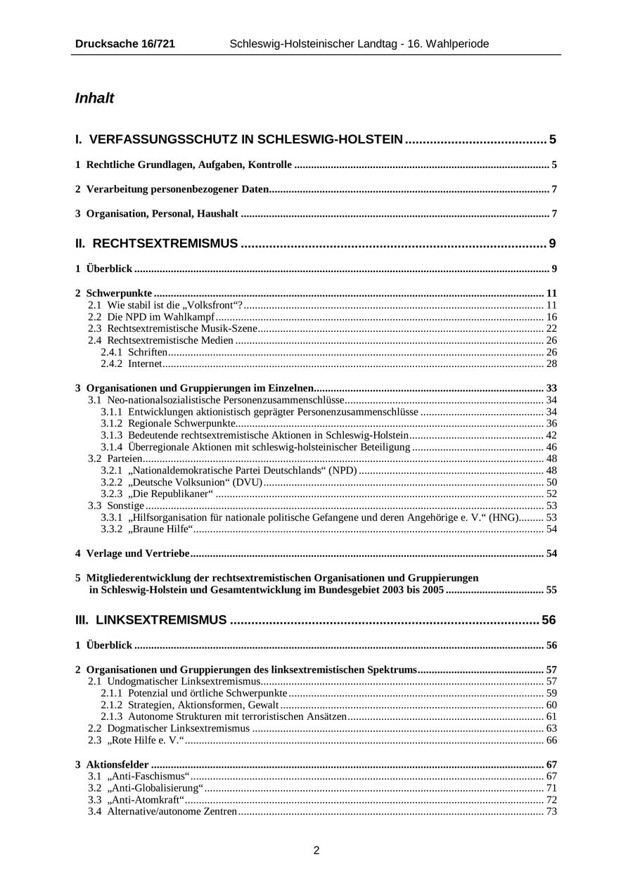 Drucksache 16/721 Schleswig-Holsteinischer Landtag - 16. Wahlperiode Inhalt I. VERFASSUNGSSCHUTZ IN SCHLESWIG-HOLSTEIN ........................................ 5 1 Rechtliche Grundlagen, Aufgaben, Kontrolle ........................................................................................... 5 2 Verarbeitung personenbezogener Daten.................................................................................................... 7 3 Organisation, Personal, Haushalt .............................................................................................................. 7 II. RECHTSEXTREMISMUS ...................................................................................... 9 1 Überblick .................................................................................................................................................... 9 2 Schwerpunkte ........................................................................................................................................... 11 2.1 Wie stabil ist die "Volksfront"? ........................................................................................................... 11 2.2 Die NPD im Wahlkampf..................................................................................................................... 16 2.3 Rechtsextremistische Musik-Szene...................................................................................................... 22 2.4 Rechtsextremistische Medien .............................................................................................................. 26 2.4.1 Schriften...................................................................................................................................... 26 2.4.2 Internet........................................................................................................................................ 28 3 Organisationen und Gruppierungen im Einzelnen.................................................................................. 33 3.1 Neo-nationalsozialistische Personenzusammenschlüsse....................................................................... 34 3.1.1 Entwicklungen aktionistisch geprägter Personenzusammenschlüsse ............................................ 34 3.1.2 Regionale Schwerpunkte.............................................................................................................. 36 3.1.3 Bedeutende rechtsextremistische Aktionen in Schleswig-Holstein................................................ 42 3.1.4 Überregionale Aktionen mit schleswig-holsteinischer Beteiligung ............................................... 46 3.2 Parteien............................................................................................................................................... 48 3.2.1 "Nationaldemokratische Partei Deutschlands" (NPD) .................................................................. 48 3.2.2 "Deutsche Volksunion" (DVU).................................................................................................... 50 3.2.3 "Die Republikaner" ..................................................................................................................... 52 3.3 Sonstige .............................................................................................................................................. 53 3.3.1 "Hilfsorganisation für nationale politische Gefangene und deren Angehörige e. V." (HNG)......... 53 3.3.2 "Braune Hilfe"............................................................................................................................. 54 4 Verlage und Vertriebe.............................................................................................................................. 54 5 Mitgliederentwicklung der rechtsextremistischen Organisationen und Gruppierungen in Schleswig-Holstein und Gesamtentwicklung im Bundesgebiet 2003 bis 2005 ................................... 55 III. LINKSEXTREMISMUS ....................................................................................... 56 1 Überblick .................................................................................................................................................. 56 2 Organisationen und Gruppierungen des linksextremistischen Spektrums............................................. 57 2.1 Undogmatischer Linksextremismus..................................................................................................... 57 2.1.1 Potenzial und örtliche Schwerpunkte ........................................................................................... 59 2.1.2 Strategien, Aktionsformen, Gewalt .............................................................................................. 60 2.1.3 Autonome Strukturen mit terroristischen Ansätzen...................................................................... 61 2.2 Dogmatischer Linksextremismus ........................................................................................................ 63 2.3 "Rote Hilfe e. V."................................................................................................................................ 66 3 Aktionsfelder ............................................................................................................................................ 67 3.1 "Anti-Faschismus".............................................................................................................................. 67 3.2 "Anti-Globalisierung" ......................................................................................................................... 71 3.3 "Anti-Atomkraft"................................................................................................................................ 72 3.4 Alternative/autonome Zentren............................................................................................................. 73 2