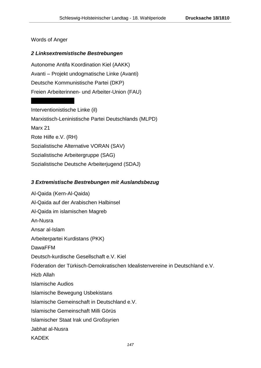 Schleswig-Holsteinischer Landtag - 18. Wahlperiode Drucksache 18/1810 Words of Anger 2 Linksextremistische Bestrebungen Autonome Antifa Koordination Kiel (AAKK) Avanti - Projekt undogmatische Linke (Avanti) Deutsche Kommunistische Partei (DKP) Freien Arbeiterinnenund Arbeiter-Union (FAU) Hans-Litten-Archiv Interventionistische Linke (il) Marxistisch-Leninistische Partei Deutschlands (MLPD) Marx 21 Rote Hilfe e.V. (RH) Sozialistische Alternative VORAN (SAV) Sozialistische Arbeitergruppe (SAG) Sozialistische Deutsche Arbeiterjugend (SDAJ) 3 Extremistische Bestrebungen mit Auslandsbezug Al-Qaida (Kern-Al-Qaida) Al-Qaida auf der Arabischen Halbinsel Al-Qaida im islamischen Magreb An-Nusra Ansar al-Islam Arbeiterpartei Kurdistans (PKK) DawaFFM Deutsch-kurdische Gesellschaft e.V. Kiel Föderation der Türkisch-Demokratischen Idealistenvereine in Deutschland e.V. Hizb Allah Islamische Audios Islamische Bewegung Usbekistans Islamische Gemeinschaft in Deutschland e.V. Islamische Gemeinschaft Milli Görüs Islamischer Staat Irak und Großsyrien Jabhat al-Nusra KADEK 147