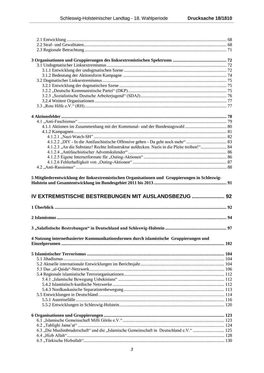 Schleswig-Holsteinischer Landtag - 18. Wahlperiode Drucksache 18/1810 2.1 Entwicklung ............................................................................................................................................... 68 2.2 Strafund Gewalttaten................................................................................................................................ 68 2.3 Regionale Betrachtung ............................................................................................................................... 71 3 Organisationen und Gruppierungen des linksextremistischen Spektrums ................................................ 72 3.1 Undogmatischer Linksextremismus ........................................................................................................... 72 3.1.1 Entwicklung der undogmatischen Szene ............................................................................................ 72 3.1.2 Bedeutung der Aktionsform Kampagne ............................................................................................. 74 3.2 Dogmatischer Linksextremismus ............................................................................................................... 75 3.2.1 Entwicklung der dogmatischen Szene ................................................................................................ 75 3.2.2 "Deutsche Kommunistische Partei" (DKP) ........................................................................................ 75 3.2.3 "Sozialistische Deutsche Arbeiterjugend" (SDAJ) ............................................................................. 76 3.2.4 Weitere Organisationen ...................................................................................................................... 77 3.3 "Rote Hilfe e.V." (RH) ............................................................................................................................... 77 4 Aktionsfelder .................................................................................................................................................... 78 4.1 "Anti-Faschismus" ..................................................................................................................................... 79 4.1.1 Aktionen im Zusammenhang mit der Kommunalund der Bundestagswahl ..................................... 80 4.1.2 Kampagnen ......................................................................................................................................... 81 4.1.2.1 "Nazi-Watch-SH" ....................................................................................................................... 82 4.1.2.2 "DIY - In die Antifaschistische Offensive gehen - Da geht noch mehr" .................................... 83 4.1.2.3 "An die Substanz! Rechte Infrastruktur aufdecken. Nazis in die Pleite treiben!" ....................... 84 4.1.2.4 "Antifaschistischer Adventskalender" ........................................................................................ 86 4.1.2.5 Eigene Internetformate für "Outing-Aktionen" .......................................................................... 86 4.1.2.6 Fehlerhaftigkeit von "Outing-Aktionen" .................................................................................... 87 4.2 "Anti-Rassismus" ....................................................................................................................................... 88 5 Mitgliederentwicklung der linksextremistischen Organisationen und Gruppierungen in SchleswigHolstein und Gesamtentwicklung im Bundesgebiet 2011 bis 2013 ................................................................. 91 IV EXTREMISTISCHE BESTREBUNGEN MIT AUSLANDSBEZUG ...................... 92 1 Überblick .......................................................................................................................................................... 92 2 Islamismus ........................................................................................................................................................ 94 3 "Salafistische Bestrebungen" in Deutschland und Schleswig-Holstein ....................................................... 97 4 Nutzung internetbasierter Kommunikationsformen durch islamistische Gruppierungen und Einzelpersonen .................................................................................................................................................. 102 5 Islamistischer Terrorismus ........................................................................................................................... 104 5.1 Jihadismus ................................................................................................................................................ 104 5.2 Aktuelle internationale Entwicklungen im Berichtsjahr ........................................................................... 104 5.3 Das "al-Qaida"-Netzwerk......................................................................................................................... 106 5.4 Regionale islamistische Terrororganisationen .......................................................................................... 112 5.4.1 "Islamische Bewegung Usbekistans" ............................................................................................... 112 5.4.2 Islamistisch-kurdische Netzwerke .................................................................................................... 112 5.4.3 Nordkaukasische Separatistenbewegung .......................................................................................... 113 5.5 Entwicklungen in Deutschland ................................................................................................................. 114 5.5.1 Ausreisefälle ..................................................................................................................................... 116 5.5.2 Entwicklungen in Schleswig-Holstein .............................................................................................. 120 6 Organisationen und Gruppierungen ............................................................................................................ 123 6.1 "Islamische Gemeinschaft Milli Görüs e.V." ........................................................................................... 123 6.2 "Tablighi Jama'at" ................................................................................................................................... 124 6.3 "Die Muslimbruderschaft" und die "Islamische Gemeinschaft in Deutschland e.V." ............................ 125 6.4 "Hizb Allah" ............................................................................................................................................. 128 6.5 "Türkische Hizbullah" .............................................................................................................................. 130 3