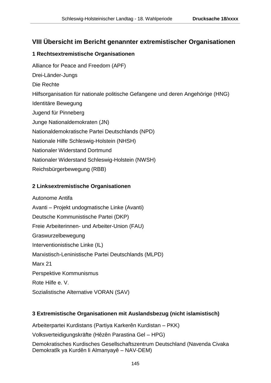 Schleswig-Holsteinischer Landtag - 18. Wahlperiode Drucksache 18/xxxx VIII Übersicht im Bericht genannter extremistischer Organisationen 1 Rechtsextremistische Organisationen Alliance for Peace and Freedom (APF) Drei-Länder-Jungs Die Rechte Hilfsorganisation für nationale politische Gefangene und deren Angehörige (HNG) Identitäre Bewegung Jugend für Pinneberg Junge Nationaldemokraten (JN) Nationaldemokratische Partei Deutschlands (NPD) Nationale Hilfe Schleswig-Holstein (NHSH) Nationaler Widerstand Dortmund Nationaler Widerstand Schleswig-Holstein (NWSH) Reichsbürgerbewegung (RBB) 2 Linksextremistische Organisationen Autonome Antifa Avanti - Projekt undogmatische Linke (Avanti) Deutsche Kommunistische Partei (DKP) Freie Arbeiterinnenund Arbeiter-Union (FAU) Graswurzelbewegung Interventionistische Linke (IL) Marxistisch-Leninistische Partei Deutschlands (MLPD) Marx 21 Perspektive Kommunismus Rote Hilfe e. V. Sozialistische Alternative VORAN (SAV) 3 Extremistische Organisationen mit Auslandsbezug (nicht islamistisch) Arbeiterpartei Kurdistans (Partiya Karkeren Kurdistan - PKK) Volksverteidigungskräfte (Hezen Parastina Gel - HPG) Demokratisches Kurdisches Gesellschaftszentrum Deutschland (Navenda Civaka Demokratik ya Kurden li Almanyaye - NAV-DEM) 145
