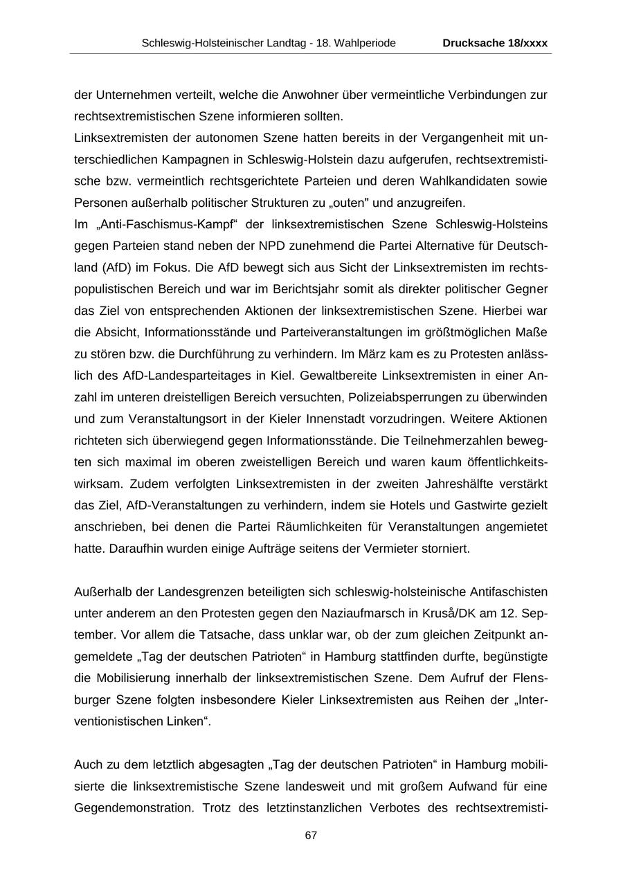 Schleswig-Holsteinischer Landtag - 18. Wahlperiode Drucksache 18/xxxx der Unternehmen verteilt, welche die Anwohner über vermeintliche Verbindungen zur rechtsextremistischen Szene informieren sollten. Linksextremisten der autonomen Szene hatten bereits in der Vergangenheit mit unterschiedlichen Kampagnen in Schleswig-Holstein dazu aufgerufen, rechtsextremistische bzw. vermeintlich rechtsgerichtete Parteien und deren Wahlkandidaten sowie Personen außerhalb politischer Strukturen zu "outen" und anzugreifen. Im "Anti-Faschismus-Kampf" der linksextremistischen Szene Schleswig-Holsteins gegen Parteien stand neben der NPD zunehmend die Partei Alternative für Deutschland (AfD) im Fokus. Die AfD bewegt sich aus Sicht der Linksextremisten im rechtspopulistischen Bereich und war im Berichtsjahr somit als direkter politischer Gegner das Ziel von entsprechenden Aktionen der linksextremistischen Szene. Hierbei war die Absicht, Informationsstände und Parteiveranstaltungen im größtmöglichen Maße zu stören bzw. die Durchführung zu verhindern. Im März kam es zu Protesten anlässlich des AfD-Landesparteitages in Kiel. Gewaltbereite Linksextremisten in einer Anzahl im unteren dreistelligen Bereich versuchten, Polizeiabsperrungen zu überwinden und zum Veranstaltungsort in der Kieler Innenstadt vorzudringen. Weitere Aktionen richteten sich überwiegend gegen Informationsstände. Die Teilnehmerzahlen bewegten sich maximal im oberen zweistelligen Bereich und waren kaum öffentlichkeitswirksam. Zudem verfolgten Linksextremisten in der zweiten Jahreshälfte verstärkt das Ziel, AfD-Veranstaltungen zu verhindern, indem sie Hotels und Gastwirte gezielt anschrieben, bei denen die Partei Räumlichkeiten für Veranstaltungen angemietet hatte. Daraufhin wurden einige Aufträge seitens der Vermieter storniert. Außerhalb der Landesgrenzen beteiligten sich schleswig-holsteinische Antifaschisten unter anderem an den Protesten gegen den Naziaufmarsch in Krusa/DK am 12. September. Vor allem die Tatsache, dass unklar war, ob der zum gleichen Zeitpunkt angemeldete "Tag der deutschen Patrioten" in Hamburg stattfinden durfte, begünstigte die Mobilisierung innerhalb der linksextremistischen Szene. Dem Aufruf der Flensburger Szene folgten insbesondere Kieler Linksextremisten aus Reihen der "Interventionistischen Linken". Auch zu dem letztlich abgesagten "Tag der deutschen Patrioten" in Hamburg mobilisierte die linksextremistische Szene landesweit und mit großem Aufwand für eine Gegendemonstration. Trotz des letztinstanzlichen Verbotes des rechtsextremisti67