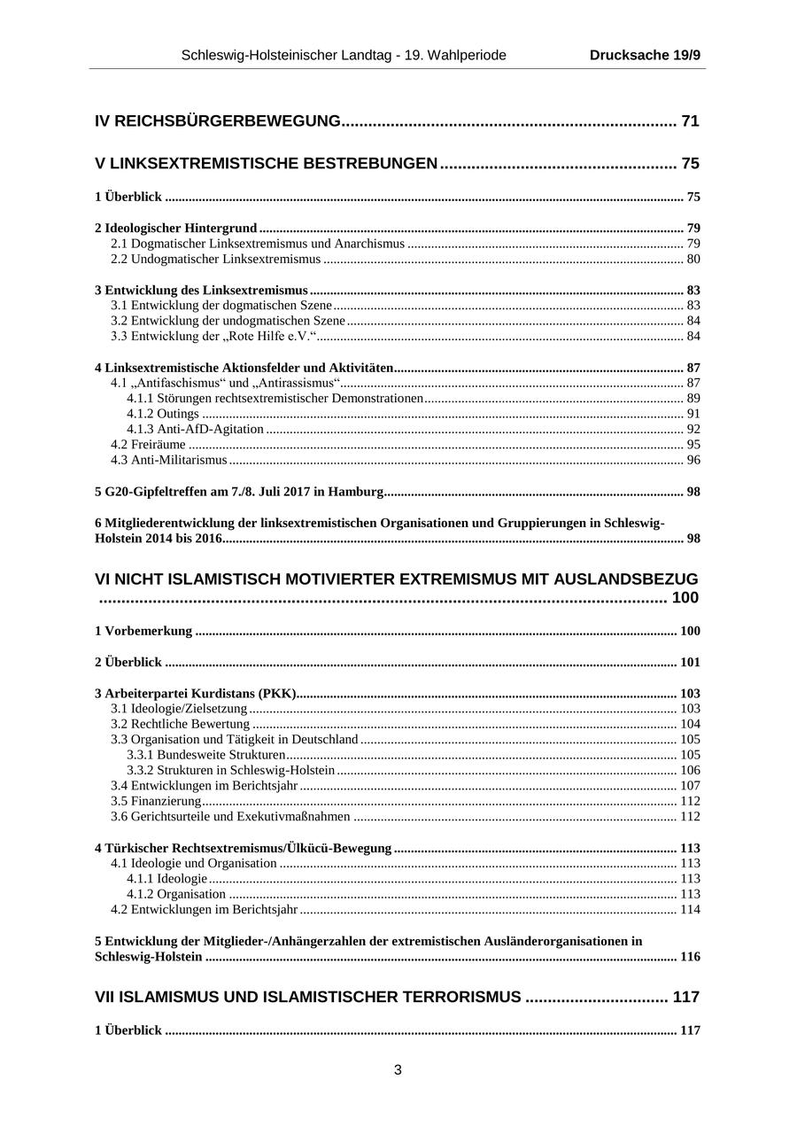 Schleswig-Holsteinischer Landtag - 19. Wahlperiode Drucksache 19/9 IV REICHSBÜRGERBEWEGUNG........................................................................... 71 V LINKSEXTREMISTISCHE BESTREBUNGEN ..................................................... 75 1 Überblick .......................................................................................................................................................... 75 2 Ideologischer Hintergrund .............................................................................................................................. 79 2.1 Dogmatischer Linksextremismus und Anarchismus .................................................................................. 79 2.2 Undogmatischer Linksextremismus ........................................................................................................... 80 3 Entwicklung des Linksextremismus ............................................................................................................... 83 3.1 Entwicklung der dogmatischen Szene ........................................................................................................ 83 3.2 Entwicklung der undogmatischen Szene .................................................................................................... 84 3.3 Entwicklung der "Rote Hilfe e.V." ............................................................................................................. 84 4 Linksextremistische Aktionsfelder und Aktivitäten...................................................................................... 87 4.1 "Antifaschismus" und "Antirassismus"...................................................................................................... 87 4.1.1 Störungen rechtsextremistischer Demonstrationen ............................................................................. 89 4.1.2 Outings ............................................................................................................................................... 91 4.1.3 Anti-AfD-Agitation ............................................................................................................................ 92 4.2 Freiräume ................................................................................................................................................... 95 4.3 Anti-Militarismus ....................................................................................................................................... 96 5 G20-Gipfeltreffen am 7./8. Juli 2017 in Hamburg......................................................................................... 98 6 Mitgliederentwicklung der linksextremistischen Organisationen und Gruppierungen in SchleswigHolstein 2014 bis 2016......................................................................................................................................... 98 VI NICHT ISLAMISTISCH MOTIVIERTER EXTREMISMUS MIT AUSLANDSBEZUG ............................................................................................................................... 100 1 Vorbemerkung ............................................................................................................................................... 100 2 Überblick ........................................................................................................................................................ 101 3 Arbeiterpartei Kurdistans (PKK)................................................................................................................. 103 3.1 Ideologie/Zielsetzung ............................................................................................................................... 103 3.2 Rechtliche Bewertung .............................................................................................................................. 104 3.3 Organisation und Tätigkeit in Deutschland .............................................................................................. 105 3.3.1 Bundesweite Strukturen .................................................................................................................... 105 3.3.2 Strukturen in Schleswig-Holstein ..................................................................................................... 106 3.4 Entwicklungen im Berichtsjahr ................................................................................................................ 107 3.5 Finanzierung ............................................................................................................................................. 112 3.6 Gerichtsurteile und Exekutivmaßnahmen ................................................................................................ 112 4 Türkischer Rechtsextremismus/Ülkücü-Bewegung .................................................................................... 113 4.1 Ideologie und Organisation ...................................................................................................................... 113 4.1.1 Ideologie ........................................................................................................................................... 113 4.1.2 Organisation ..................................................................................................................................... 113 4.2 Entwicklungen im Berichtsjahr ................................................................................................................ 114 5 Entwicklung der Mitglieder-/Anhängerzahlen der extremistischen Ausländerorganisationen in Schleswig-Holstein ............................................................................................................................................ 116 VII ISLAMISMUS UND ISLAMISTISCHER TERRORISMUS ................................ 117 1 Überblick ........................................................................................................................................................ 117 3