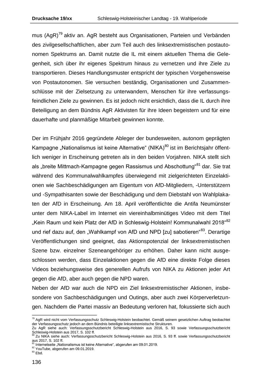 Drucksache 19/xx Schleswig-Holsteinischer Landtag - 19. Wahlperiode mus (AgR)79 aktiv an. AgR besteht aus Organisationen, Parteien und Verbänden des zivilgesellschaftlichen, aber zum Teil auch des linksextremistischen postautonomen Spektrums an. Damit nutzte die IL mit einem aktuellen Thema die Gelegenheit, sich über ihr eigenes Spektrum hinaus zu vernetzen und ihre Ziele zu transportieren. Dieses Handlungsmuster entspricht der typischen Vorgehensweise von Postautonomen. Sie versuchen beständig, Organisationen und Zusammenschlüsse mit der Zielsetzung zu unterwandern, Menschen für ihre verfassungsfeindlichen Ziele zu gewinnen. Es ist jedoch nicht ersichtlich, dass die IL durch ihre Beteiligung an dem Bündnis AgR Aktivisten für ihre Ideen begeistern und für eine dauerhafte und planmäßige Mitarbeit gewinnen konnte. Der im Frühjahr 2016 gegründete Ableger der bundesweiten, autonom geprägten Kampagne "Nationalismus ist keine Alternative" (NIKA) 80 ist im Berichtsjahr öffentlich weniger in Erscheinung getreten als in den beiden Vorjahren. NIKA stellt sich als "breite Mittmach-Kampagne gegen Rassismus und Abschottung" 81 dar. Sie trat während des Kommunalwahlkampfes überwiegend mit zielgerichteten Einzelaktionen wie Sachbeschädigungen am Eigentum von AfD-Mitgliedern, -Unterstützern und -Sympathisanten sowie der Beschädigung und dem Diebstahl von Wahlplakaten der AfD in Erscheinung. Am 18. April veröffentlichte die Antifa Neumünster unter dem NIKA-Label im Internet ein viereinhalbminütiges Video mit dem Titel "Kein Raum und kein Platz der AfD in Schleswig-Holstein! Kommunalwahl 2018"82 und rief dazu auf, den "Wahlkampf von AfD und NPD [zu] sabotieren" 83. Derartige Veröffentlichungen sind geeignet, das Aktionspotenzial der linksextremistischen Szene bzw. einzelner Szeneangehöriger zu erhöhen. Daher kann nicht ausgeschlossen werden, dass Einzelaktionen gegen die AfD eine direkte Folge dieses Videos beziehungsweise des generellen Aufrufs von NIKA zu Aktionen jeder Art gegen die AfD, aber auch gegen die NPD waren. Neben der AfD war auch die NPD ein Ziel linksextremistischer Aktionen, insbesondere von Sachbeschädigungen und Outings, aber auch zwei Körperverletzungen. Nachdem die Partei massiv an Bedeutung verloren hat, fokussierte sich auch 79 AgR wird nicht vom Verfassungsschutz Schleswig-Holstein beobachtet. Gemäß seinem gesetzlichen Auftrag beobachtet der Verfassungsschutz jedoch an dem Bündnis beteiligte linksextremistische Strukturen. Zu AgR siehe auch: Verfassungsschutzbericht Schleswig-Holstein aus 2016, S. 93 sowie Verfassungsschutzbericht Schleswig-Holstein aus 2017, S. 102 ff. 80 Zu NIKA siehe auch: Verfassungsschutzbericht Schleswig-Holstein aus 2016, S. 93 ff. sowie Verfassungsschutzbericht aus 2017, S. 102 ff. 81 Internetseite "Nationalismus ist keine Alternative", abgerufen am 09.01.2019. 82 YouTube, abgerufen am 09.01.2019. 83 Ebd. 136