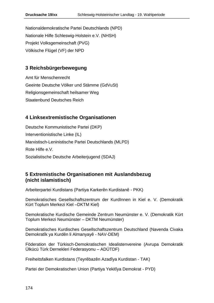 Drucksache 19/xx Schleswig-Holsteinischer Landtag - 19. Wahlperiode Nationaldemokratische Partei Deutschlands (NPD) Nationale Hilfe Schleswig-Holstein e.V. (NHSH) Projekt Volksgemeinschaft (PVG) Völkische Flügel (VF) der NPD 3 Reichsbürgerbewegung Amt für Menschenrecht Geeinte Deutsche Völker und Stämme (GdVuSt) Religionsgemeinschaft heilsamer Weg Staatenbund Deutsches Reich 4 Linksextremistische Organisationen Deutsche Kommunistische Partei (DKP) Interventionistische Linke (IL) Marxistisch-Leninistische Partei Deutschlands (MLPD) Rote Hilfe e.V. Sozialistische Deutsche Arbeiterjugend (SDAJ) 5 Extremistische Organisationen mit Auslandsbezug (nicht islamistisch) Arbeiterpartei Kurdistans (Partiya Karkeren Kurdistane - PKK) Demokratisches Gesellschaftszentrum der KurdInnen in Kiel e. V. (Demokratik Kürt Toplum Merkezi Kiel -DKTM Kiel) Demokratische Kurdische Gemeinde Zentrum Neumünster e. V. (Demokratik Kürt Toplum Merkezi Neumünster - DKTM Neumünster) Demokratisches Kurdisches Gesellschaftszentrum Deutschland (Navenda Civaka Demokratik ya Kurden li Almanyaye - NAV-DEM) Föderation der Türkisch-Demokratischen Idealistenvereine (Avrupa Demokratik Ülkücü Türk Dernekleri Federasyonu - ADÜTDF) Freiheitsfalken Kurdistans (Teyrebazen Azadiya Kurdistan - TAK) Partei der Demokratischen Union (Partiya YekitA(r)ya Demokrat - PYD) 174