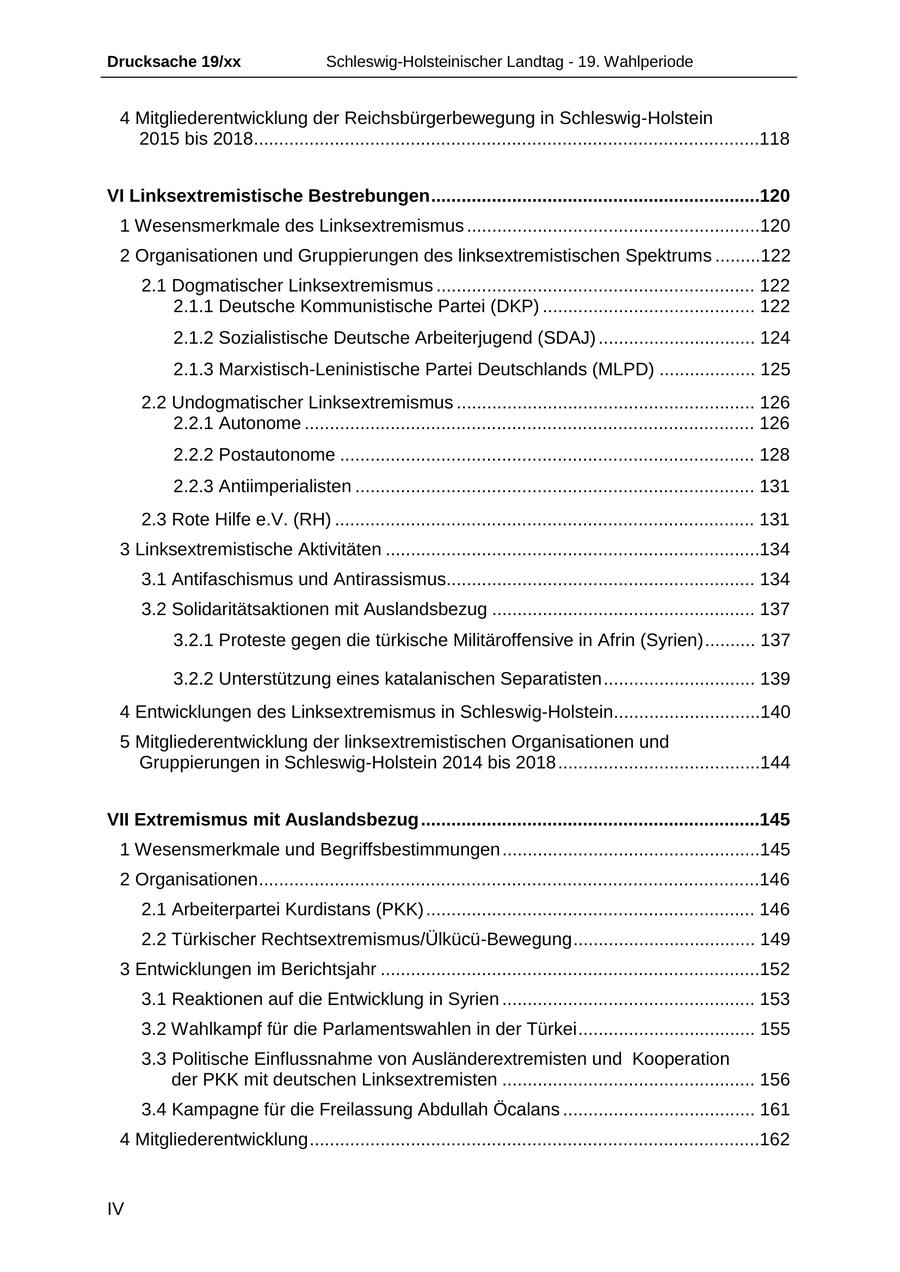Drucksache 19/xx Schleswig-Holsteinischer Landtag - 19. Wahlperiode 4 Mitgliederentwicklung der Reichsbürgerbewegung in Schleswig-Holstein 2015 bis 2018....................................................................................................118 VI Linksextremistische Bestrebungen .................................................................120 1 Wesensmerkmale des Linksextremismus ..........................................................120 2 Organisationen und Gruppierungen des linksextremistischen Spektrums .........122 2.1 Dogmatischer Linksextremismus ............................................................... 122 2.1.1 Deutsche Kommunistische Partei (DKP) .......................................... 122 2.1.2 Sozialistische Deutsche Arbeiterjugend (SDAJ) ............................... 124 2.1.3 Marxistisch-Leninistische Partei Deutschlands (MLPD) ................... 125 2.2 Undogmatischer Linksextremismus ........................................................... 126 2.2.1 Autonome ......................................................................................... 126 2.2.2 Postautonome .................................................................................. 128 2.2.3 Antiimperialisten ............................................................................... 131 2.3 Rote Hilfe e.V. (RH) ................................................................................... 131 3 Linksextremistische Aktivitäten ..........................................................................134 3.1 Antifaschismus und Antirassismus............................................................. 134 3.2 Solidaritätsaktionen mit Auslandsbezug .................................................... 137 3.2.1 Proteste gegen die türkische Militäroffensive in Afrin (Syrien) .......... 137 3.2.2 Unterstützung eines katalanischen Separatisten .............................. 139 4 Entwicklungen des Linksextremismus in Schleswig-Holstein.............................140 5 Mitgliederentwicklung der linksextremistischen Organisationen und Gruppierungen in Schleswig-Holstein 2014 bis 2018 ........................................144 VII Extremismus mit Auslandsbezug ...................................................................145 1 Wesensmerkmale und Begriffsbestimmungen ...................................................145 2 Organisationen ...................................................................................................146 2.1 Arbeiterpartei Kurdistans (PKK) ................................................................. 146 2.2 Türkischer Rechtsextremismus/Ülkücü-Bewegung .................................... 149 3 Entwicklungen im Berichtsjahr ...........................................................................152 3.1 Reaktionen auf die Entwicklung in Syrien .................................................. 153 3.2 Wahlkampf für die Parlamentswahlen in der Türkei ................................... 155 3.3 Politische Einflussnahme von Ausländerextremisten und Kooperation der PKK mit deutschen Linksextremisten .................................................. 156 3.4 Kampagne für die Freilassung Abdullah Öcalans ...................................... 161 4 Mitgliederentwicklung .........................................................................................162 IV