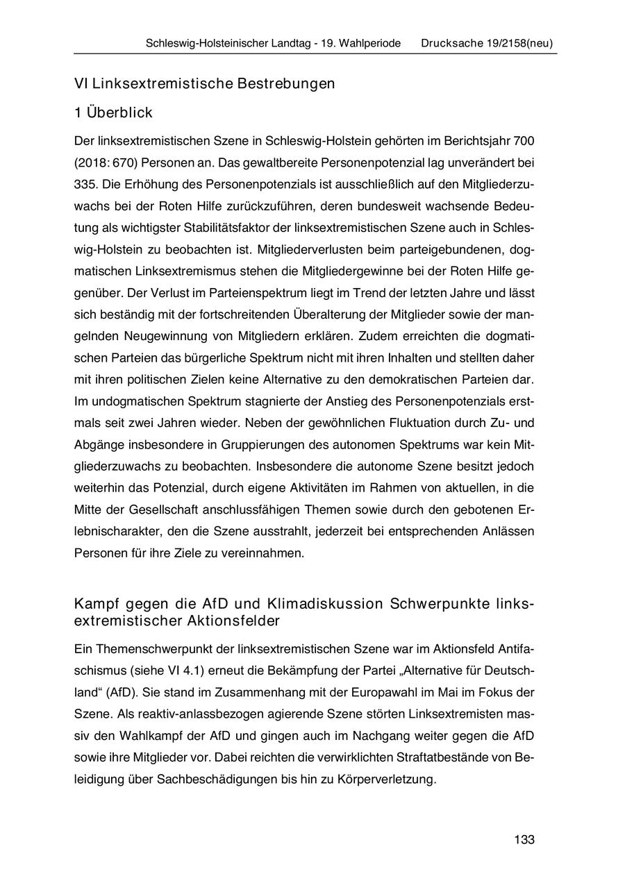 Schleswig-Holsteinischer Landtag - 19. Wahlperiode Drucksache 19/2158(neu) VI Linksextremistische Bestrebungen 1 Überblick Der linksextremistischen Szene in Schleswig-Holstein gehörten im Berichtsjahr 700 (2018: 670) Personen an. Das gewaltbereite Personenpotenzial lag unverändert bei 335. Die Erhöhung des Personenpotenzials ist ausschließlich auf den Mitgliederzuwachs bei der Roten Hilfe zurückzuführen, deren bundesweit wachsende Bedeutung als wichtigster Stabilitätsfaktor der linksextremistischen Szene auch in Schleswig-Holstein zu beobachten ist. Mitgliederverlusten beim parteigebundenen, dogmatischen Linksextremismus stehen die Mitgliedergewinne bei der Roten Hilfe gegenüber. Der Verlust im Parteienspektrum liegt im Trend der letzten Jahre und lässt sich beständig mit der fortschreitenden Überalterung der Mitglieder sowie der mangelnden Neugewinnung von Mitgliedern erklären. Zudem erreichten die dogmatischen Parteien das bürgerliche Spektrum nicht mit ihren Inhalten und stellten daher mit ihren politischen Zielen keine Alternative zu den demokratischen Parteien dar. Im undogmatischen Spektrum stagnierte der Anstieg des Personenpotenzials erstmals seit zwei Jahren wieder. Neben der gewöhnlichen Fluktuation durch Zuund Abgänge insbesondere in Gruppierungen des autonomen Spektrums war kein Mitgliederzuwachs zu beobachten. Insbesondere die autonome Szene besitzt jedoch weiterhin das Potenzial, durch eigene Aktivitäten im Rahmen von aktuellen, in die Mitte der Gesellschaft anschlussfähigen Themen sowie durch den gebotenen Erlebnischarakter, den die Szene ausstrahlt, jederzeit bei entsprechenden Anlässen Personen für ihre Ziele zu vereinnahmen. Kampf gegen die AfD und Klimadiskussion Schwerpunkte linksextremistischer Aktionsfelder Ein Themenschwerpunkt der linksextremistischen Szene war im Aktionsfeld Antifaschismus (siehe VI 4.1) erneut die Bekämpfung der Partei "Alternative für Deutschland" (AfD). Sie stand im Zusammenhang mit der Europawahl im Mai im Fokus der Szene. Als reaktiv-anlassbezogen agierende Szene störten Linksextremisten massiv den Wahlkampf der AfD und gingen auch im Nachgang weiter gegen die AfD sowie ihre Mitglieder vor. Dabei reichten die verwirklichten Straftatbestände von Beleidigung über Sachbeschädigungen bis hin zu Körperverletzung. 133