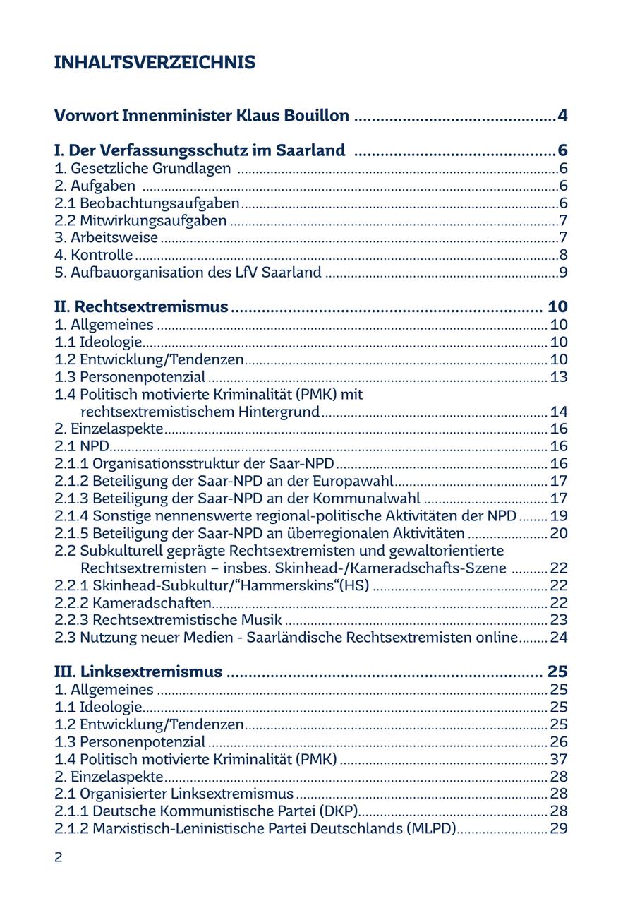 INHALTSVERZEICHNIS Vorwort Innenminister Klaus Bouillon ..............................................4 I. Der Verfassungsschutz im Saarland ..............................................6 1. Gesetzliche Grundlagen ........................................................................................6 2. Aufgaben ..................................................................................................................6 2.1 Beobachtungsaufgaben .......................................................................................6 2.2 Mitwirkungsaufgaben ..........................................................................................7 3. Arbeitsweise .............................................................................................................7 4. Kontrolle ....................................................................................................................8 5. Aufbauorganisation des LfV Saarland ................................................................9 II. Rechtsextremismus ....................................................................... 10 1. Allgemeines ........................................................................................................... 10 1.1 Ideologie............................................................................................................... 10 1.2 Entwicklung/Tendenzen................................................................................... 10 1.3 Personenpotenzial ............................................................................................. 13 1.4 Politisch motivierte Kriminalität (PMK) mit rechtsextremistischem Hintergrund .............................................................. 14 2. Einzelaspekte ......................................................................................................... 16 2.1 NPD........................................................................................................................ 16 2.1.1 Organisationsstruktur der Saar-NPD .......................................................... 16 2.1.2 Beteiligung der Saar-NPD an der Europawahl .......................................... 17 2.1.3 Beteiligung der Saar-NPD an der Kommunalwahl .................................. 17 2.1.4 Sonstige nennenswerte regional-politische Aktivitäten der NPD ........ 19 2.1.5 Beteiligung der Saar-NPD an überregionalen Aktivitäten ...................... 20 2.2 Subkulturell geprägte Rechtsextremisten und gewaltorientierte Rechtsextremisten - insbes. Skinhead-/Kameradschafts-Szene .......... 22 2.2.1 Skinhead-Subkultur/"Hammerskins"(HS) ................................................ 22 2.2.2 Kameradschaften............................................................................................ 22 2.2.3 Rechtsextremistische Musik ........................................................................ 23 2.3 Nutzung neuer Medien - Saarländische Rechtsextremisten online ........ 24 III. Linksextremismus ........................................................................ 25 1. Allgemeines ........................................................................................................... 25 1.1 Ideologie............................................................................................................... 25 1.2 Entwicklung/Tendenzen................................................................................... 25 1.3 Personenpotenzial ............................................................................................. 26 1.4 Politisch motivierte Kriminalität (PMK) ......................................................... 37 2. Einzelaspekte ......................................................................................................... 28 2.1 Organisierter Linksextremismus ..................................................................... 28 2.1.1 Deutsche Kommunistische Partei (DKP).................................................... 28 2.1.2 Marxistisch-Leninistische Partei Deutschlands (MLPD)......................... 29 2