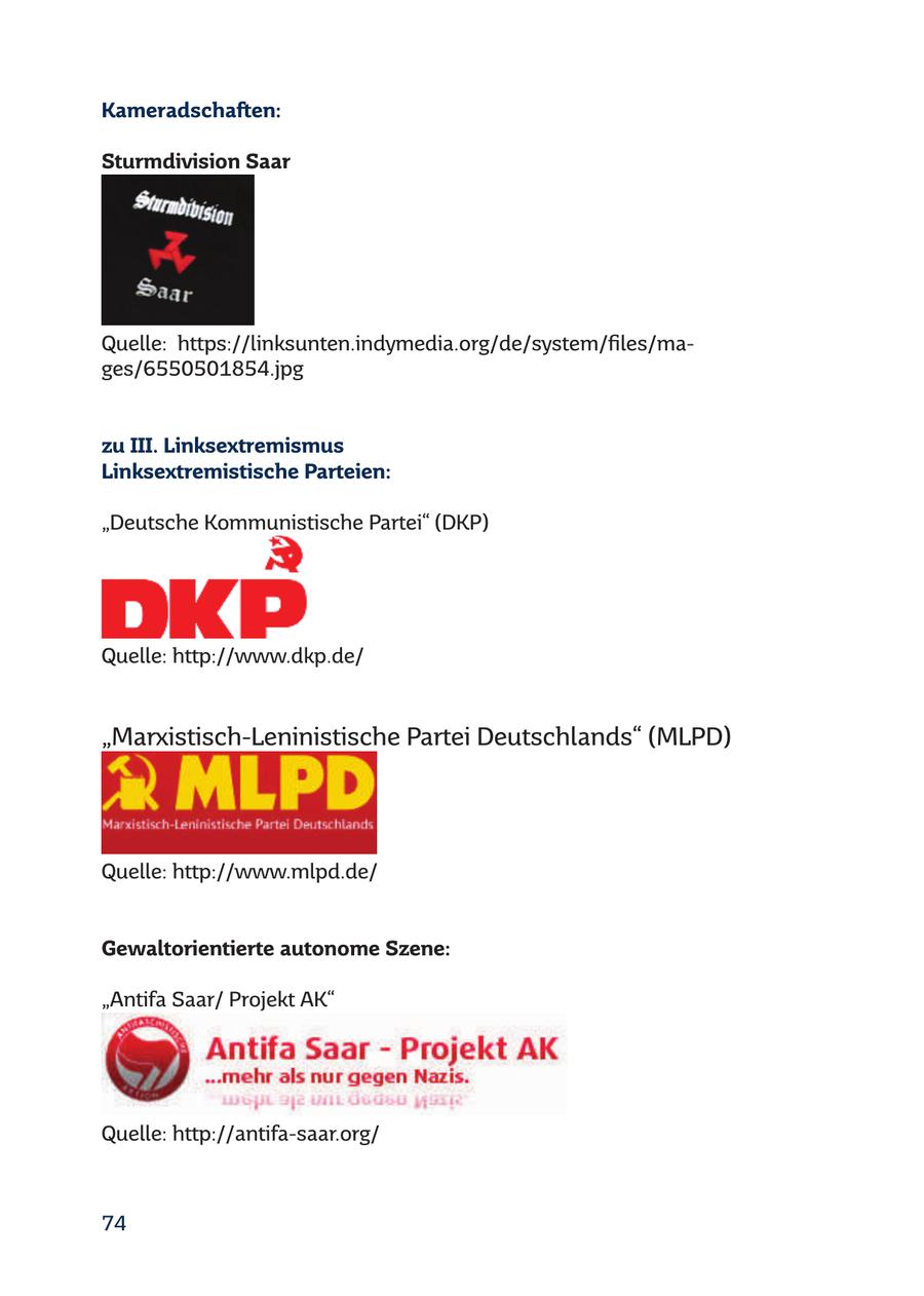 Kameradschaften: Sturmdivision Saar Quelle: https://linksunten.indymedia.org/de/system/files/mages/6550501854.jpg zu III. Linksextremismus Linksextremistische Parteien: "Deutsche Kommunistische Partei" (DKP) Quelle: http://www.dkp.de/ "Marxistisch-Leninistische Partei Deutschlands" (MLPD) Quelle: http://www.mlpd.de/ Gewaltorientierte autonome Szene: "Antifa Saar/ Projekt AK" Quelle: http://antifa-saar.org/ 74